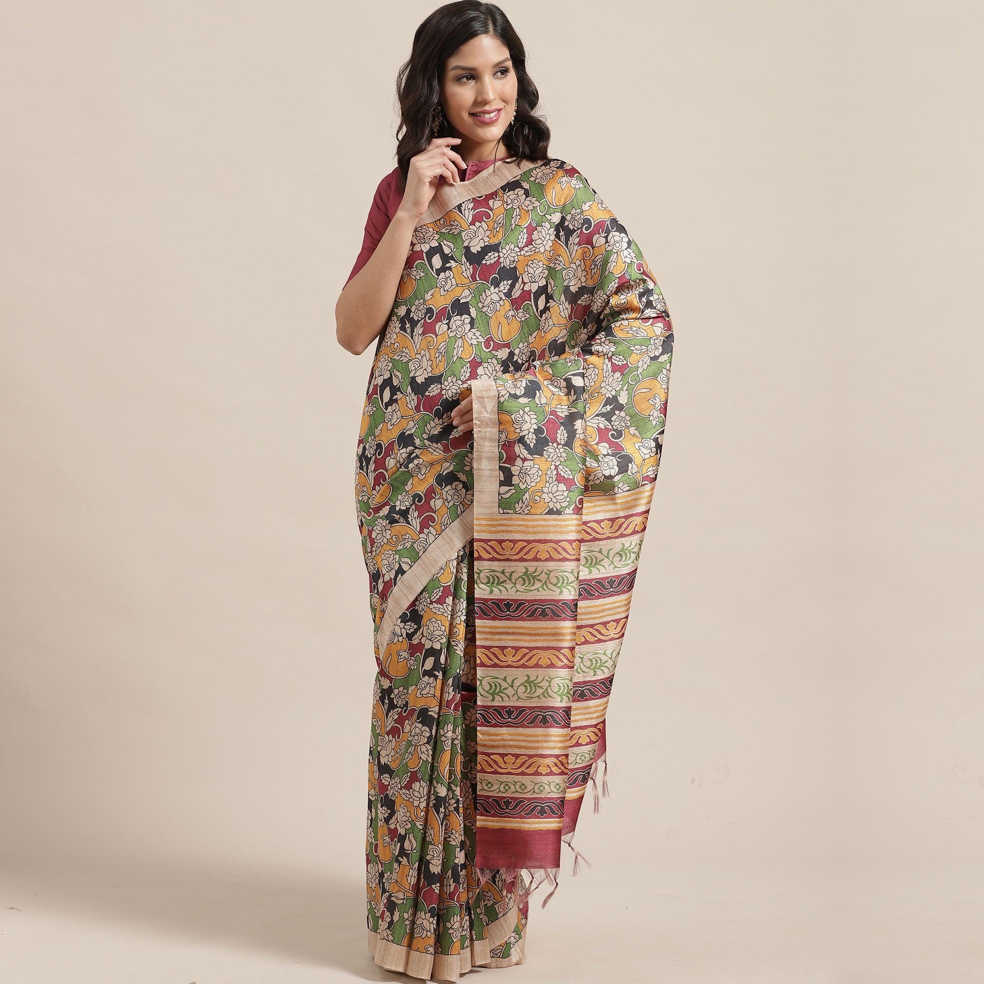 Peachmode Glowing Beige-Multi Colored Casual Wear Floral Printed Silk Blend Saree With Tassels