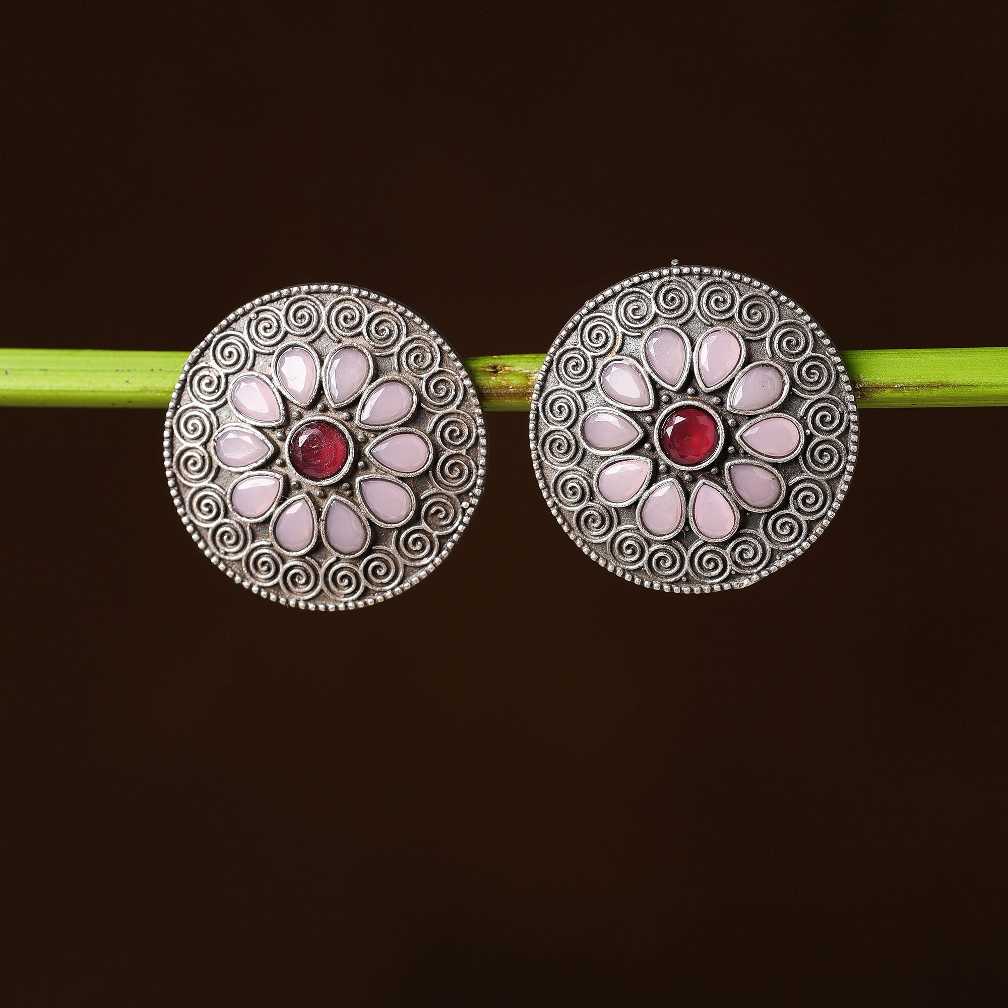 WHITE RIVER STORIES Antique Silver Finish Oxidised Brass Base Stone Work Stud Earrings