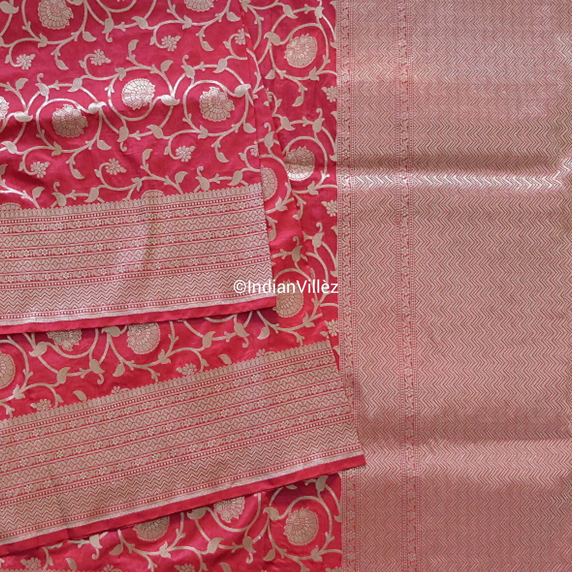 IndianVillèz Raspberry Red Banarasi Kadwa Jaal Handloom Silk Saree