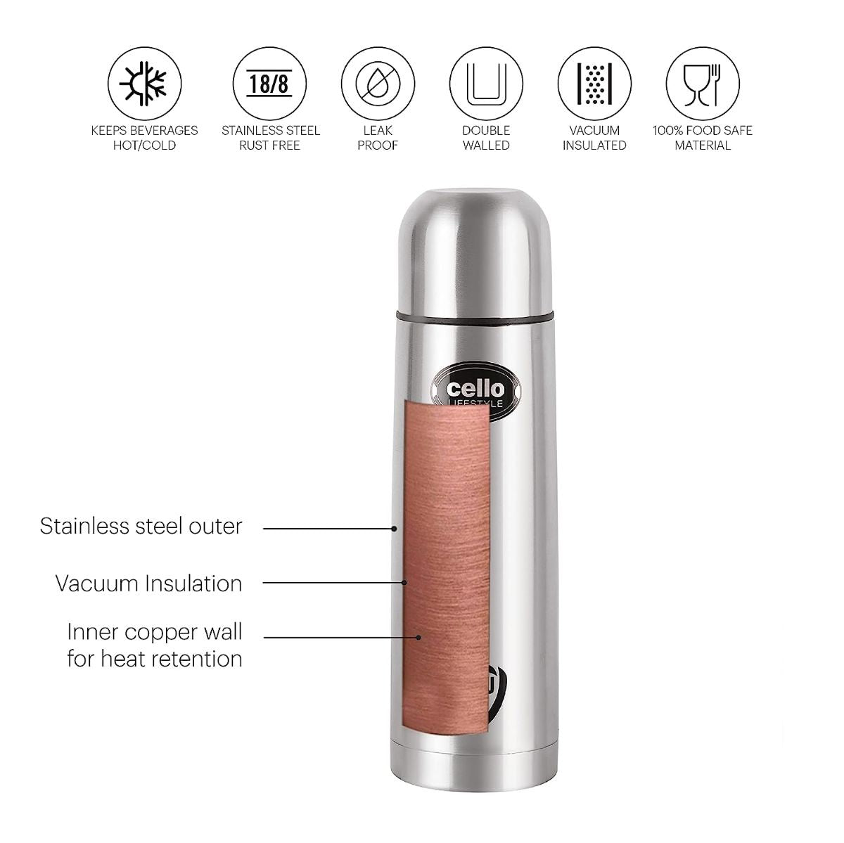 Cello Lifestyle Flask, Vacusteel Water Bottle, 1000ml - view 6