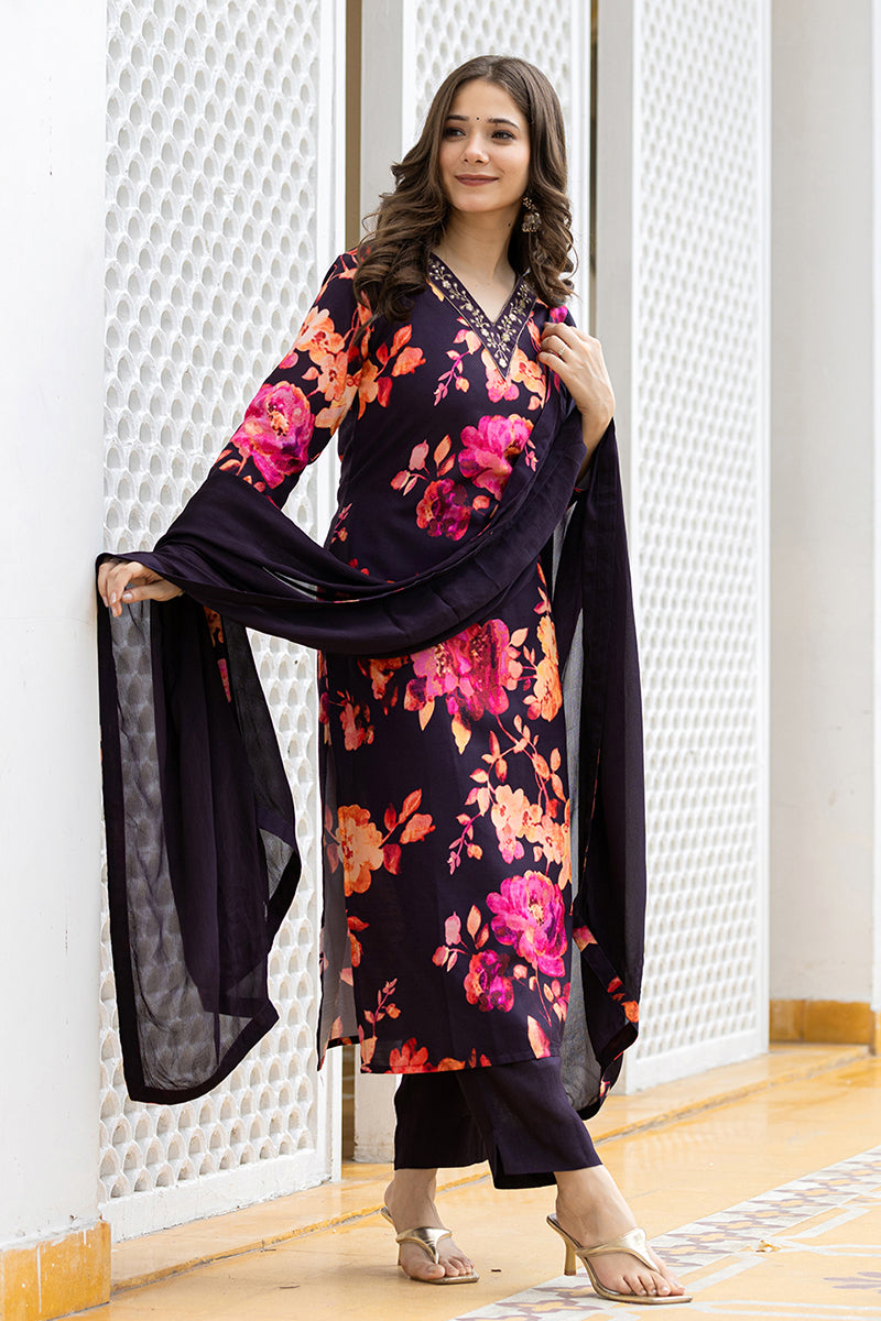 Ahika Purple Rayon Blend Floral Printed Straight Suit Set PKSKD2467