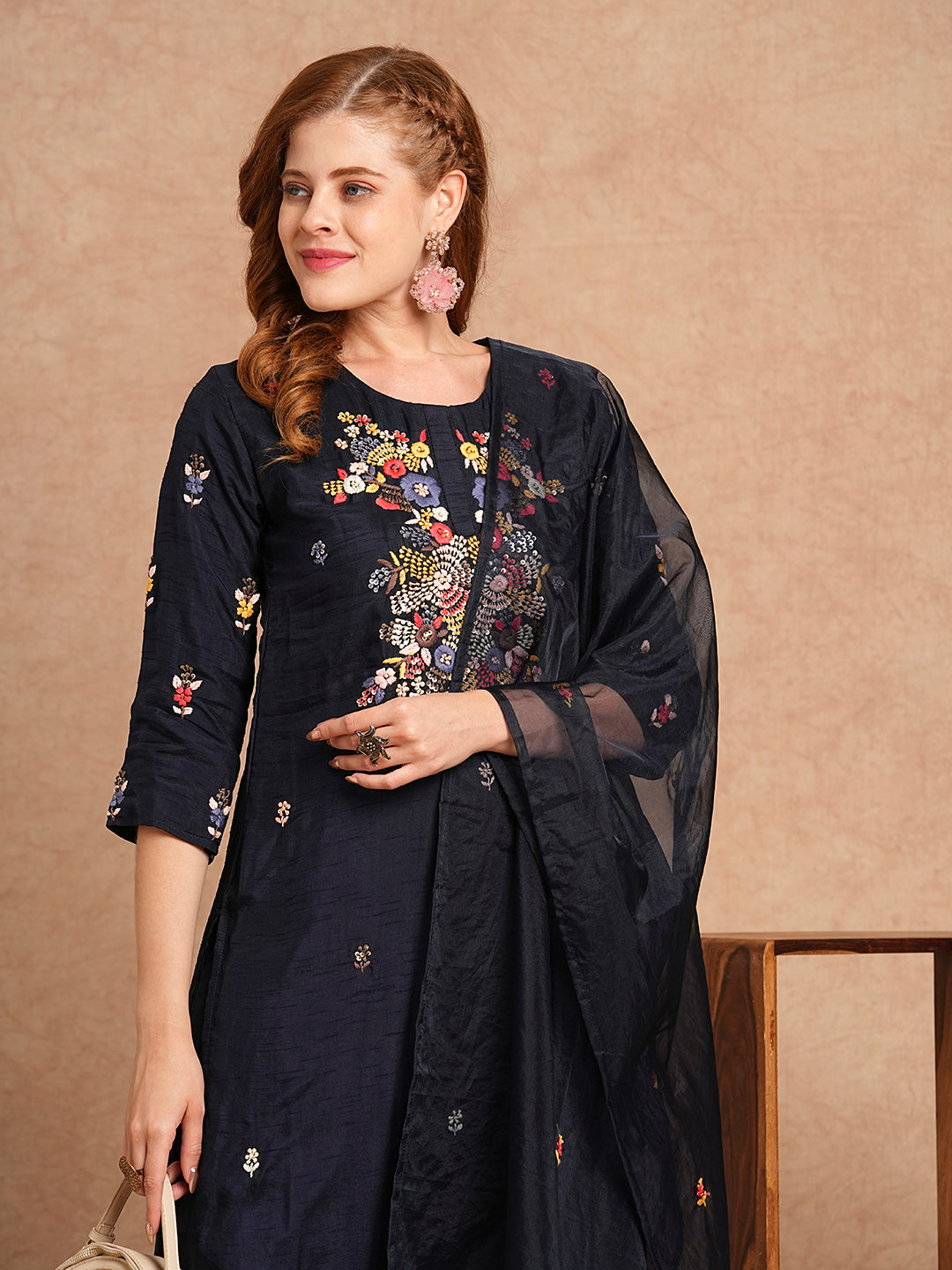 FASHOR Floral Hand Embroidered Straight Kurta with Pant & Dupatta - Navy Blue