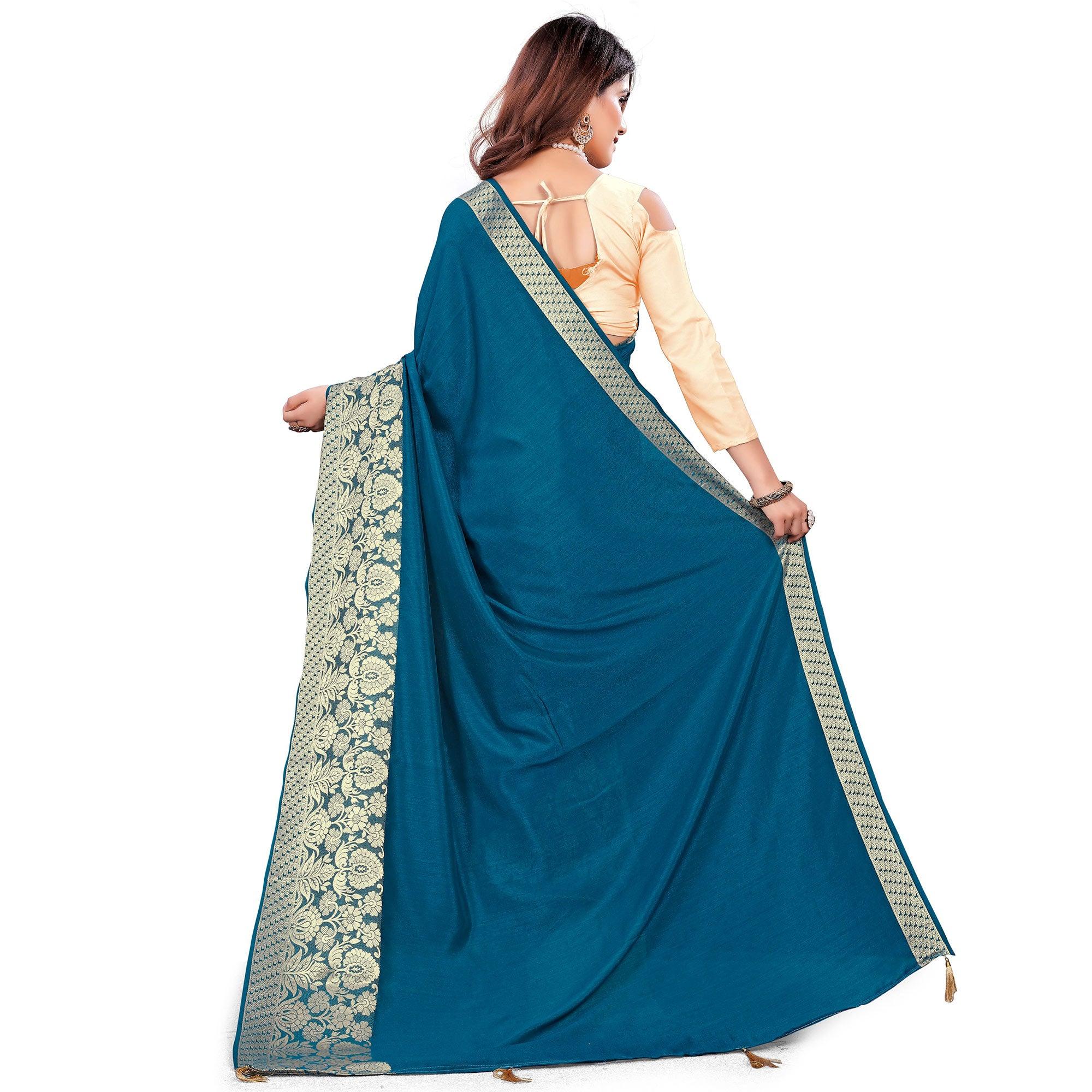Peachmode Classy Teal Blue Colored Festive Wear Woven Art Silk Saree With Tassels - view 4