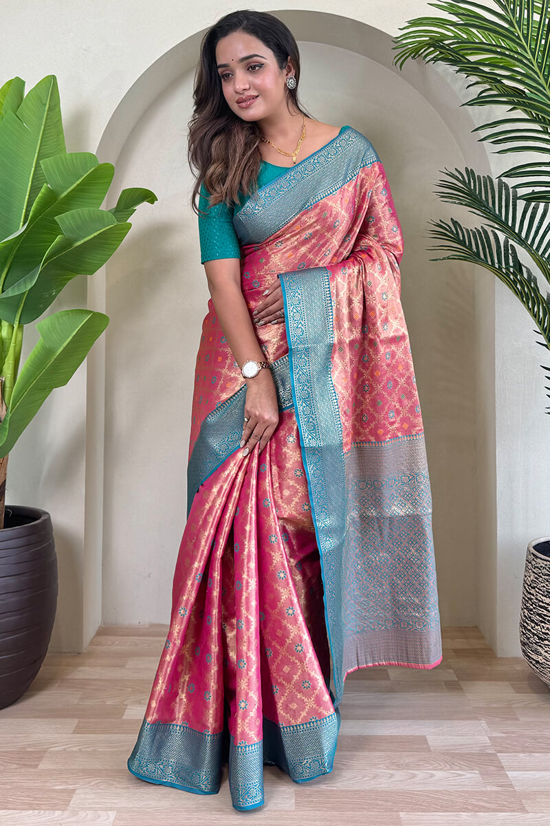 Tasrika Exquisite Pink Soft Banarasi Tissue Silk Saree With Mesmerising Blouse Piece