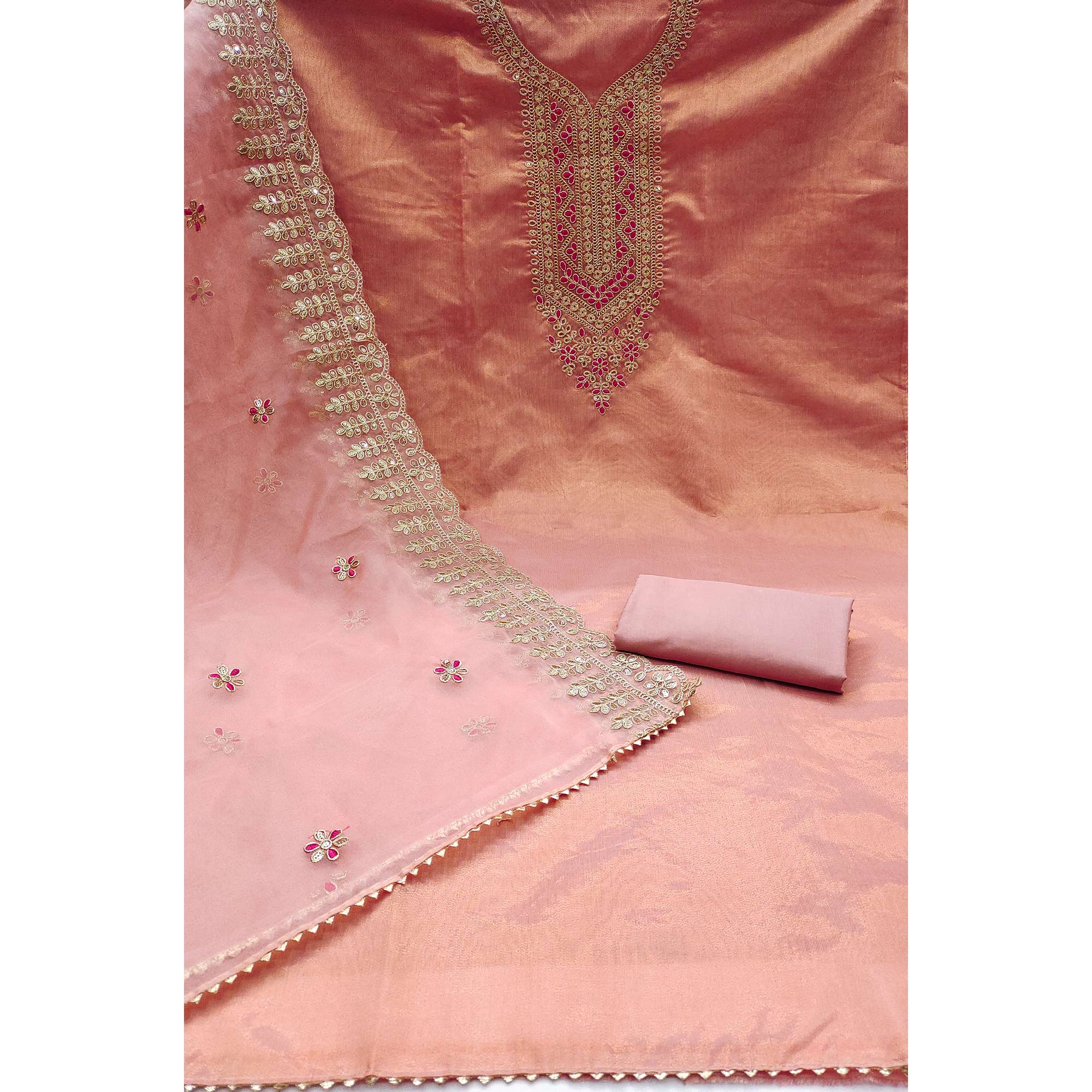 Peachmode Peach Sequins Embroidered Chanderi Silk Dress Material - view 3