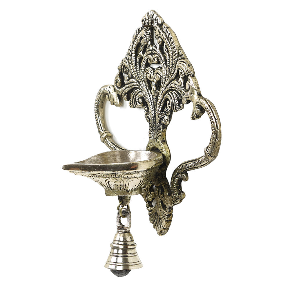 BAMBOO TREE JEWELS Antique Brass Metal Handcrafted Wall Hanging Diya with Bell (3.6 x 6.6 in) - view 3
