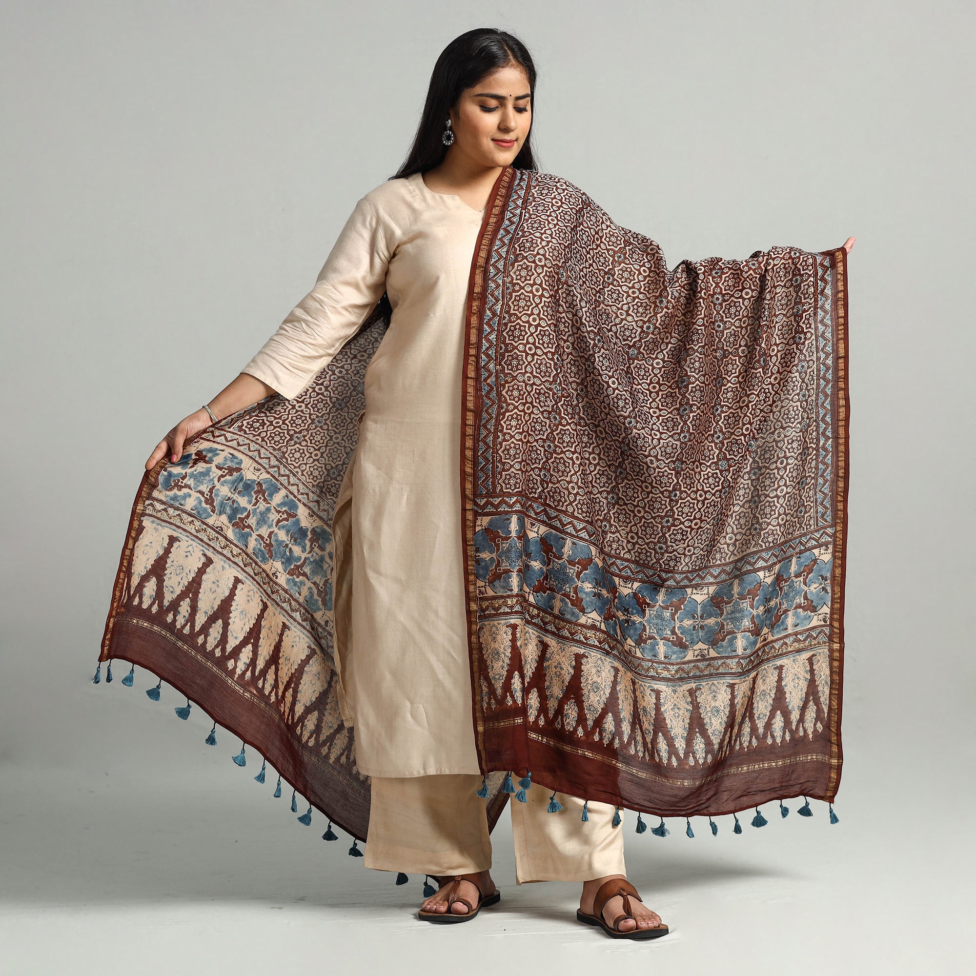 AJRAKH BY SUFIYAN ISMAIL KHATRI Brown - Block Printed Chanderi Silk Handloom Ajrakh Dupatta 04