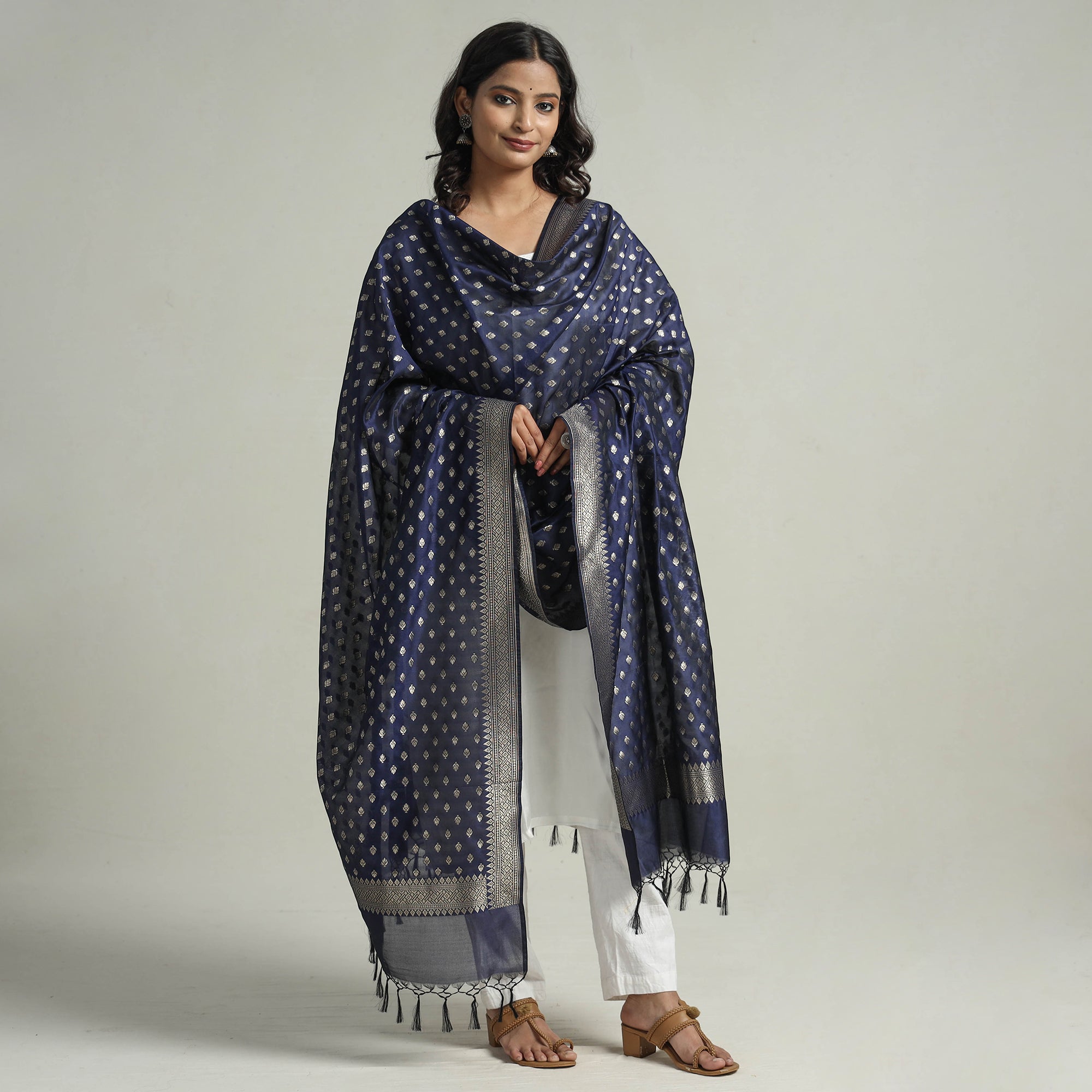 BANARASI BY MAQBUL HASAN Blue - Banarasi Semi Silk Zari Jaal Dupatta with Tassels 08 - view 2