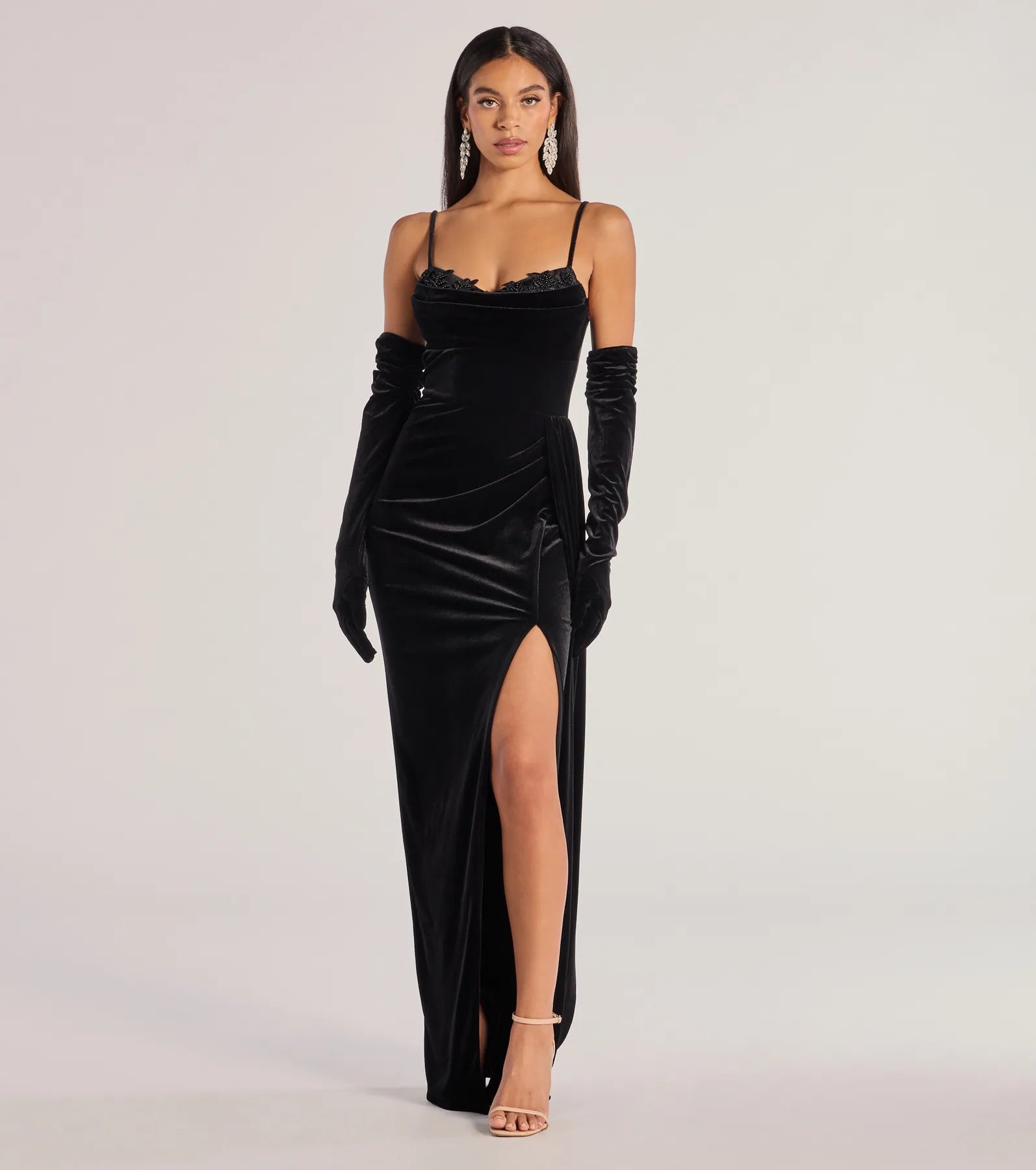 Windsor Inez Beaded Applique Velvet Formal Dress With Gloves - view 5