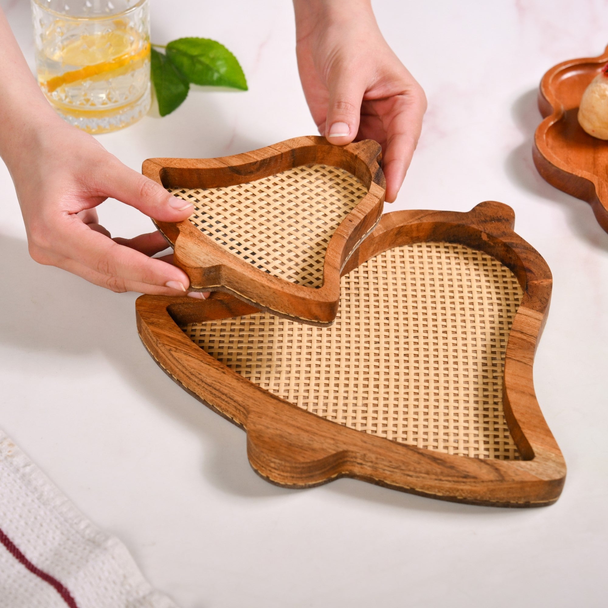 Nestasia Set Of 2 Jingle Bells Wooden Platters With Rattan Weave - view 5