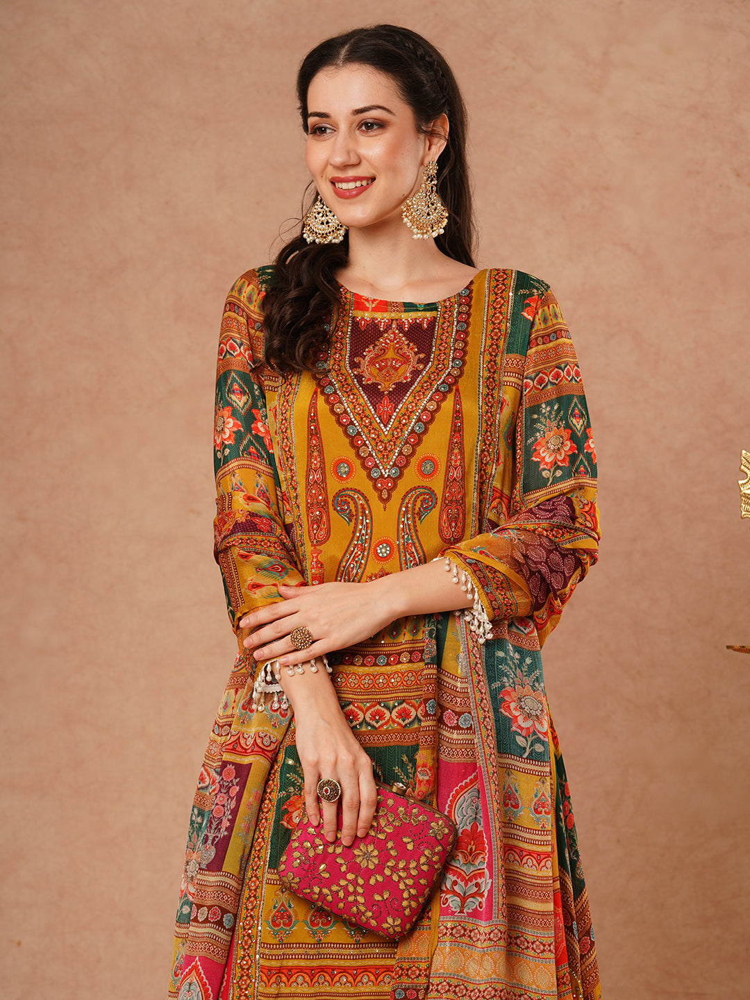 FASHOR Ethnic Floral Printed & Embroidered A-Line Kurta with Palazzo & Dupatta - Mustard - view 2