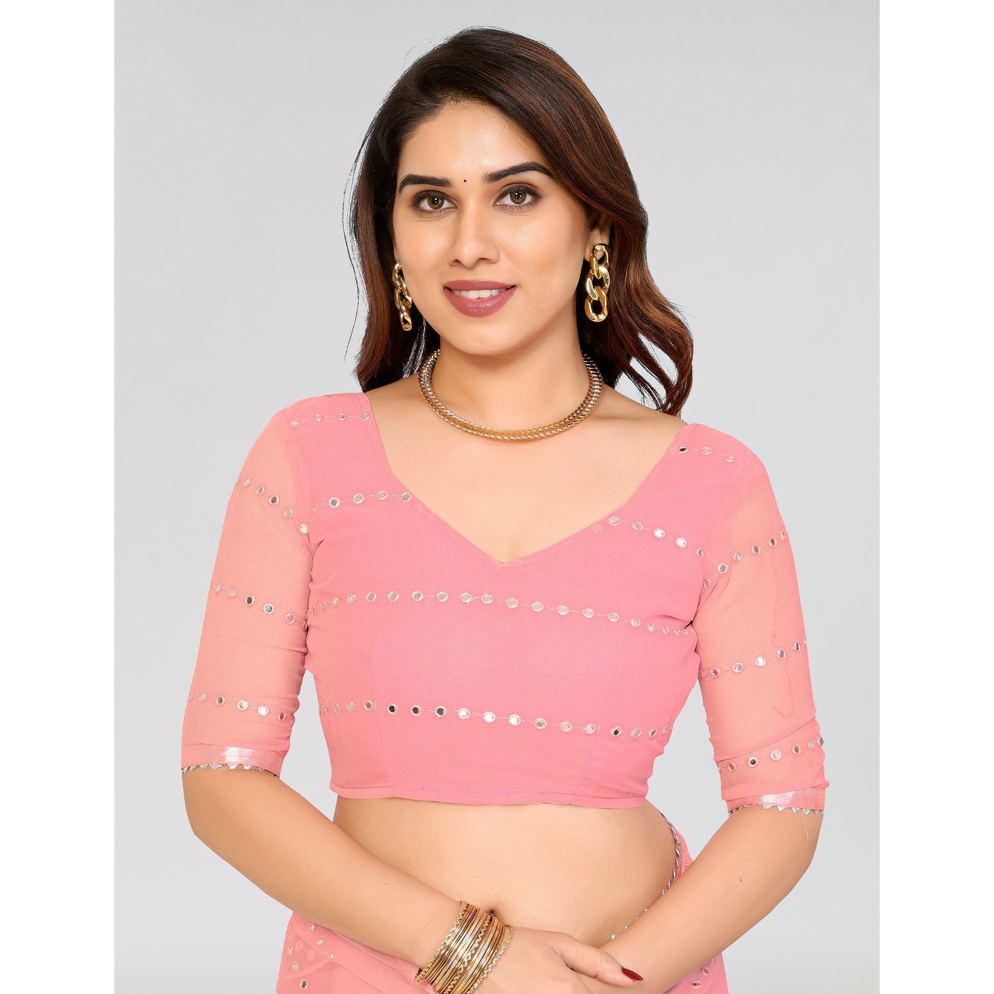 Peachmode Light Pink Embroidered Georgette Ruffle Saree - view 8
