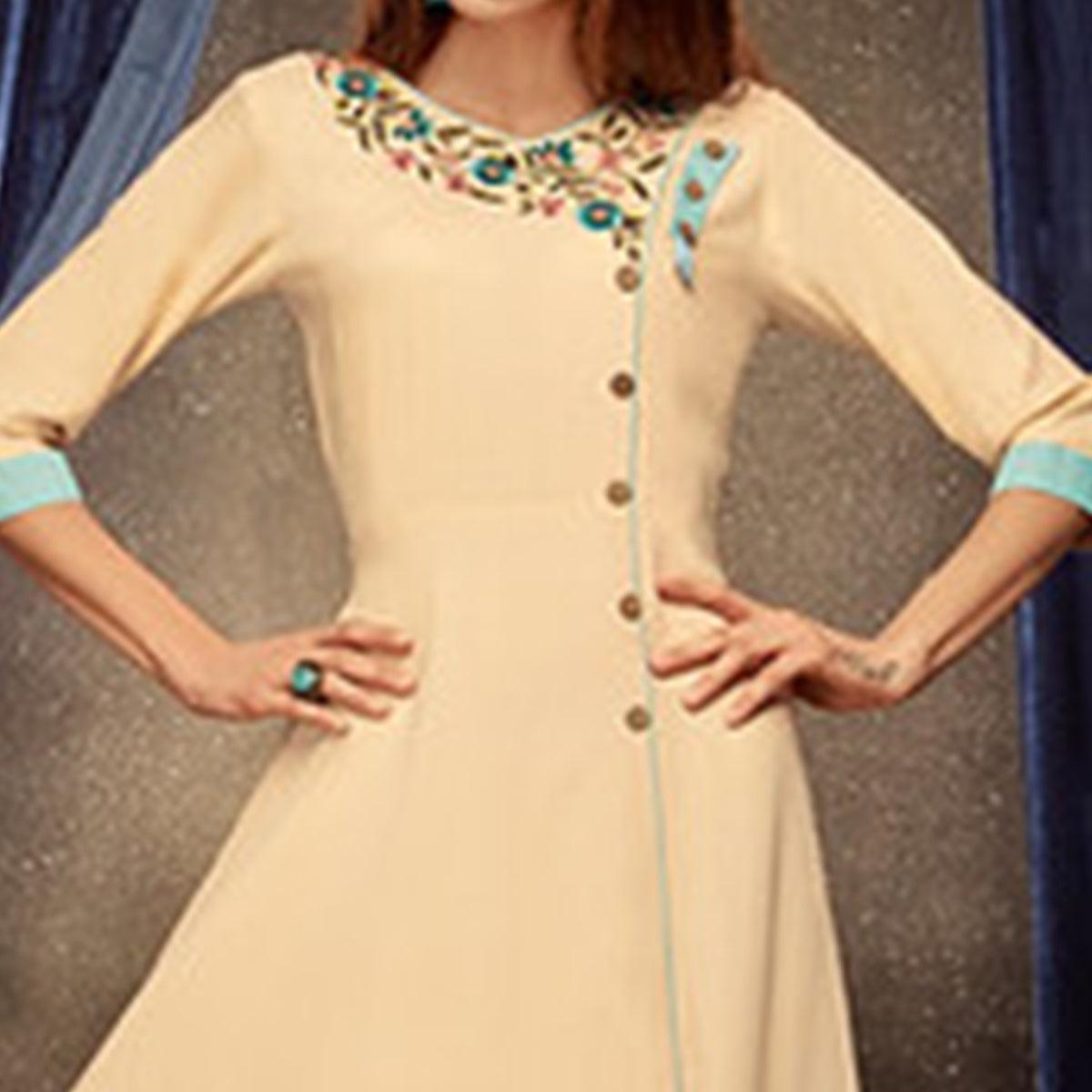 Peachmode Seller Ethnic Cream Colored Partywear Embroidered Rayon Long Kurti - view 2