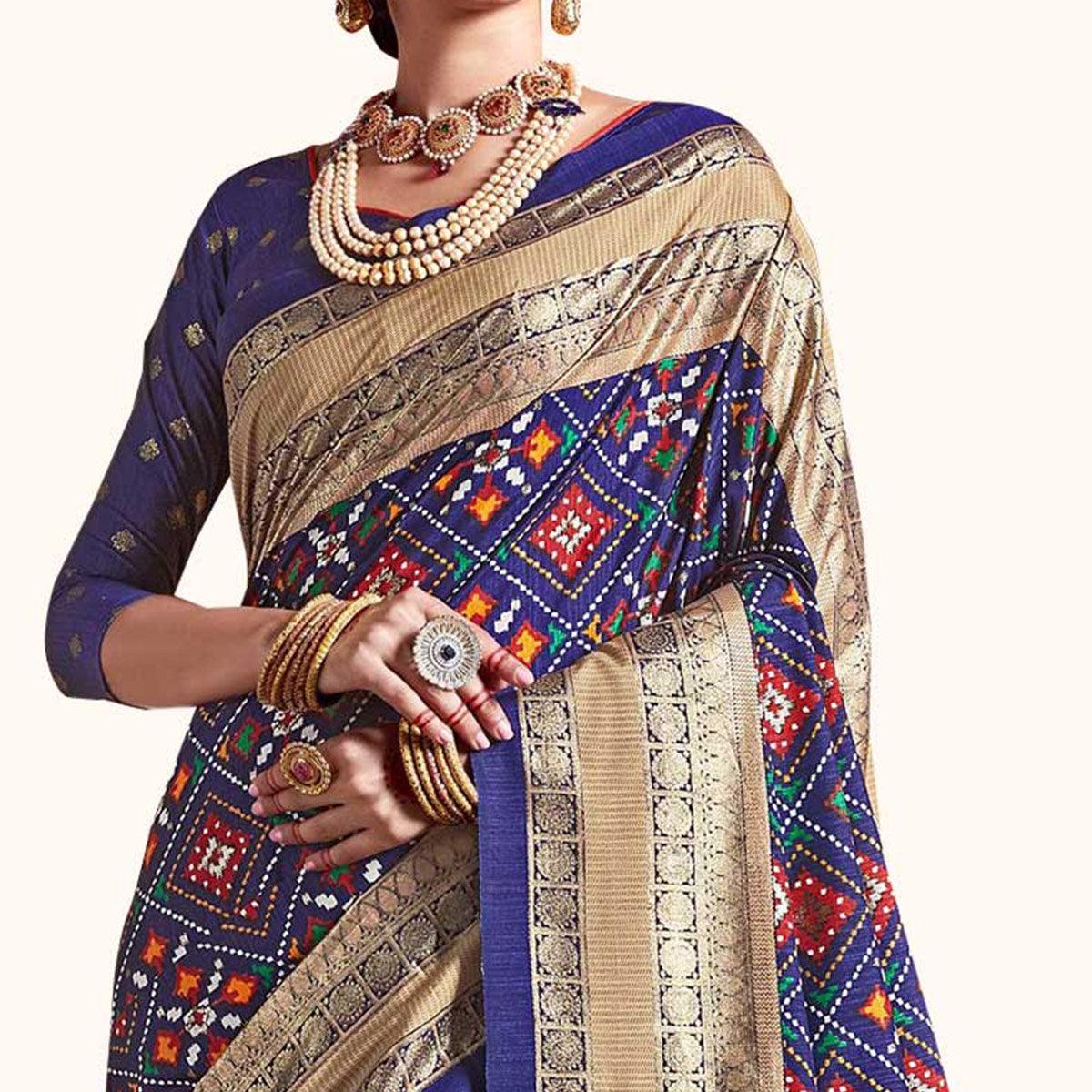 Peachmode Elegant Blue Colored Festive Wear Printed Kanjivaram Silk Saree - view 2