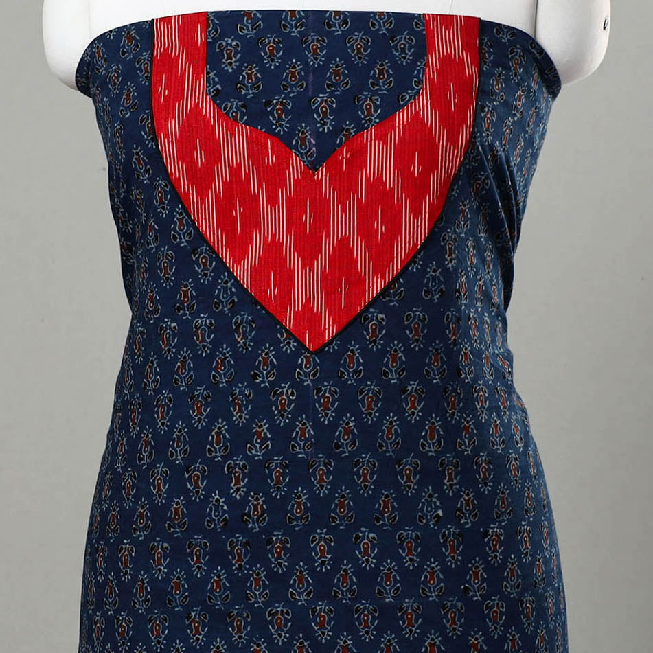 NOORI BAZAR Blue - Ajrakh Print Cotton Kurta Material with Patchwork (3m) 21 - view 3