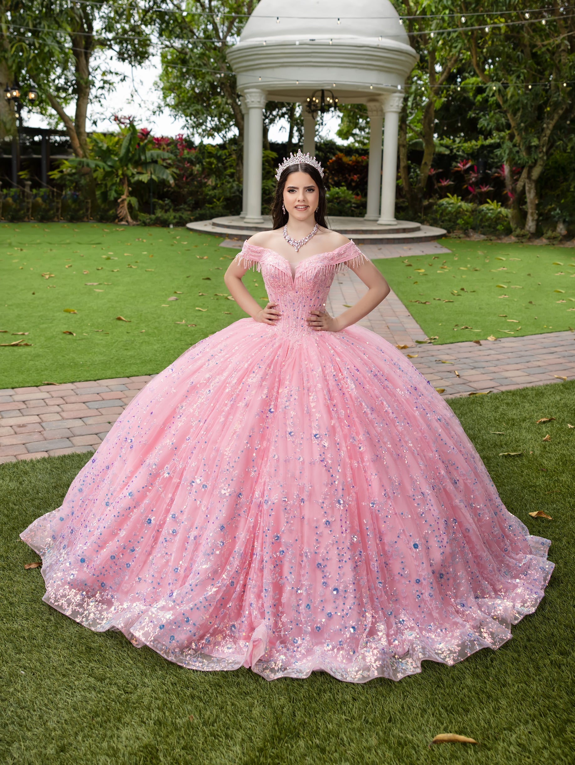 House of Wu Fiesta Gowns Fringe Off Shoulder Ball Gown by LizLuo Fiesta 56536
