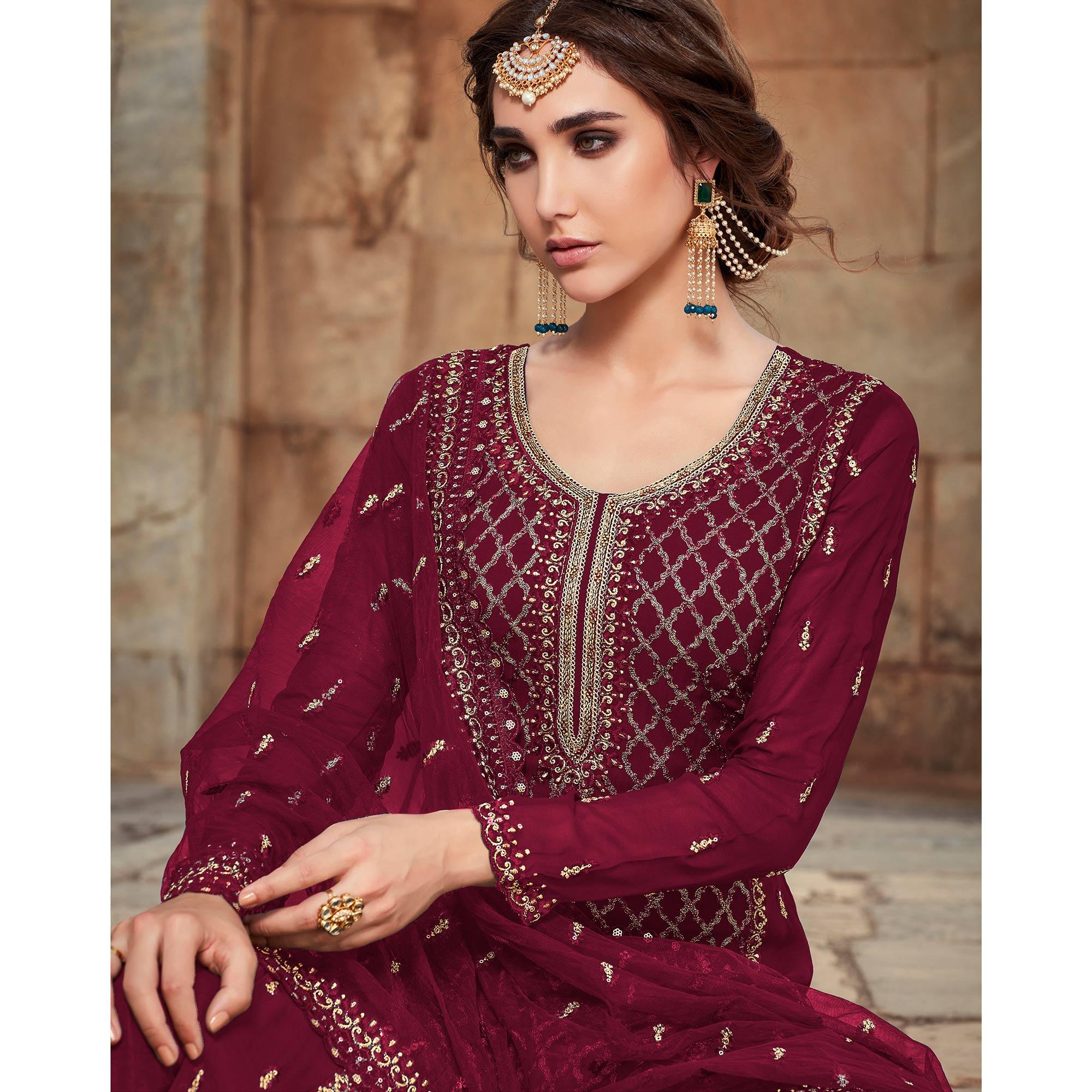 Peachmode Festive Wear Maroon Designer with Embroidery Work Faux Georgette Palazzo Suit - view 2