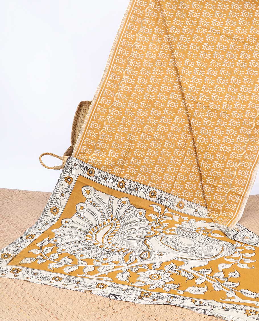 Pothys Orange batik machine-printed kalamkari cotton saree, self-border & peacock pallu