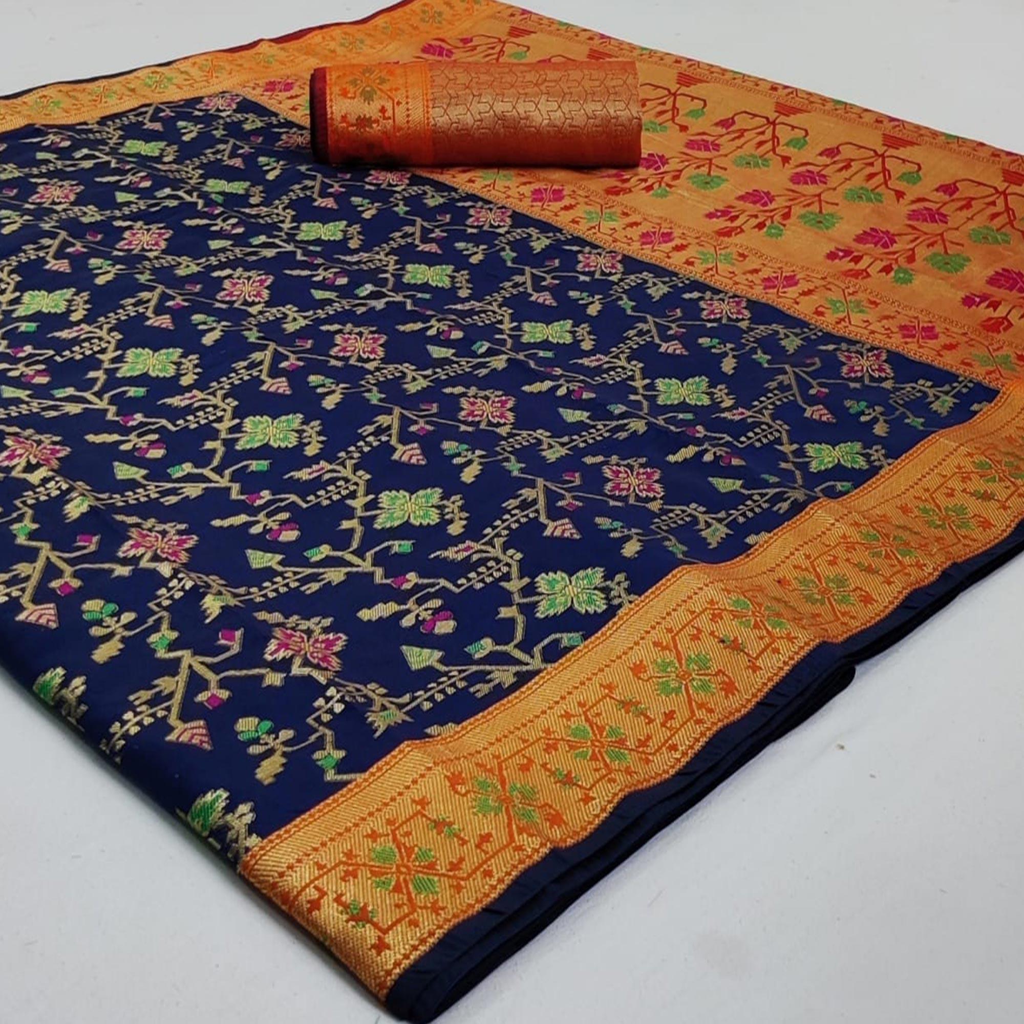 Peachmode Jazzy Navy Blue Colored Festive Wear Woven Silk Saree