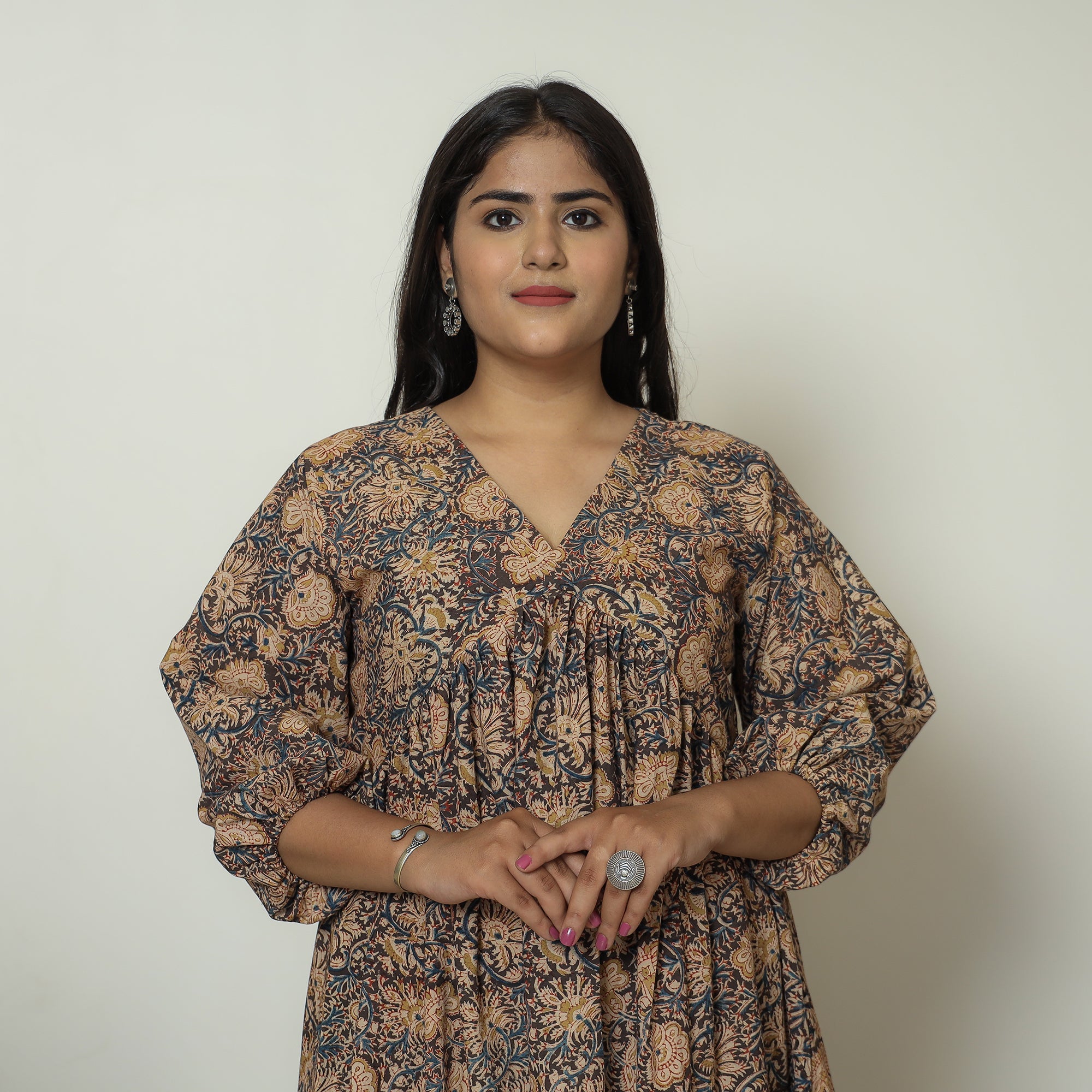 ITOKRI CASUALS Black - Pedana Kalamkari Block Printed Cotton Flared Gher Dress 07
