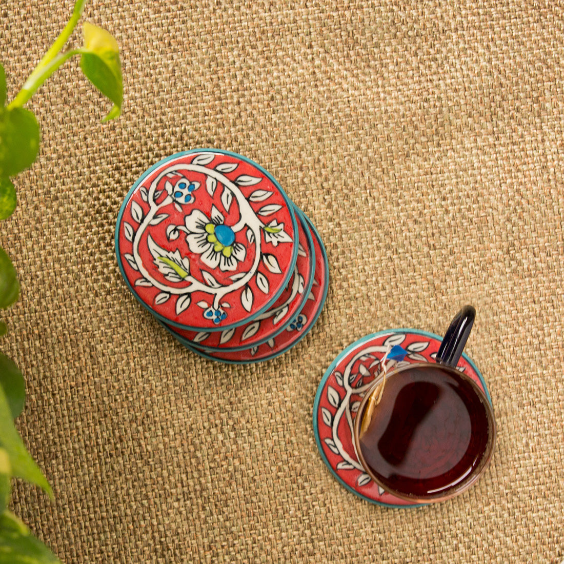 EXCLUSIVELANE 'Mughal Disks' Floral Handpainted Coasters In Ceramic (Set of 4)