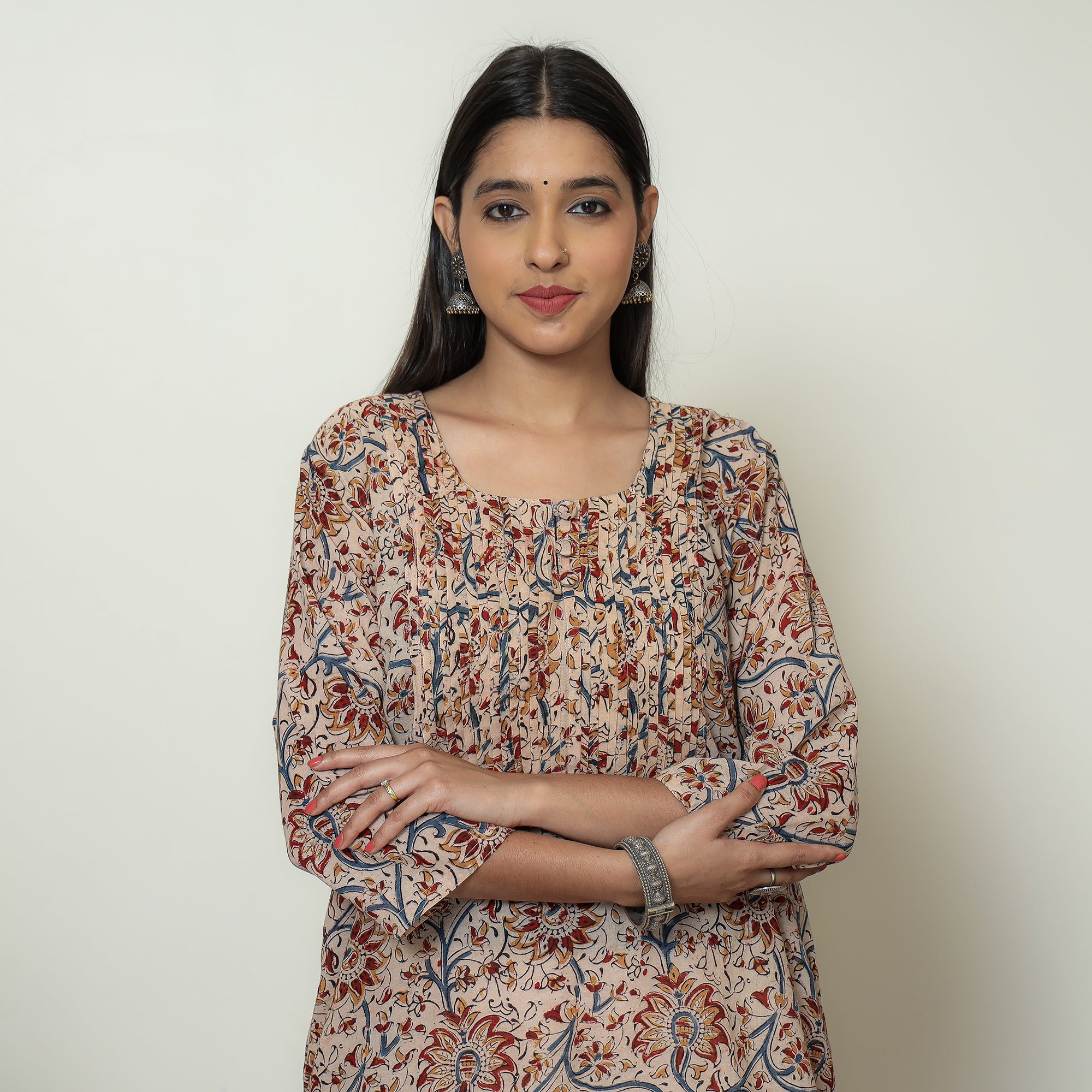 ITOKRI CASUALS Beige - Kalamkari Hand Block Printed Mul Cotton Pintuck A-Line Kurta 02