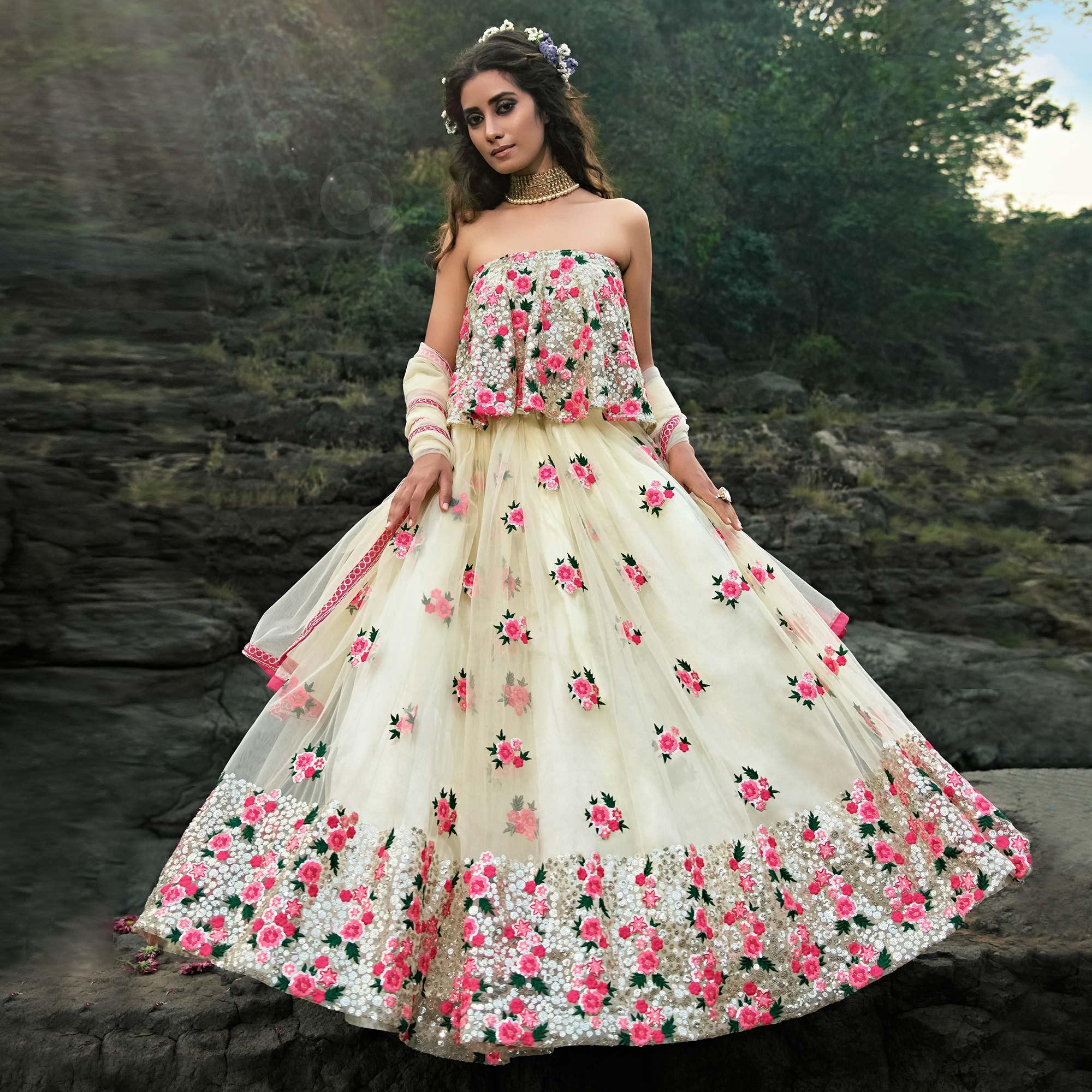 Peachmode Cream Partywear Sequins Embroidered Soft Net Lehenga Choli