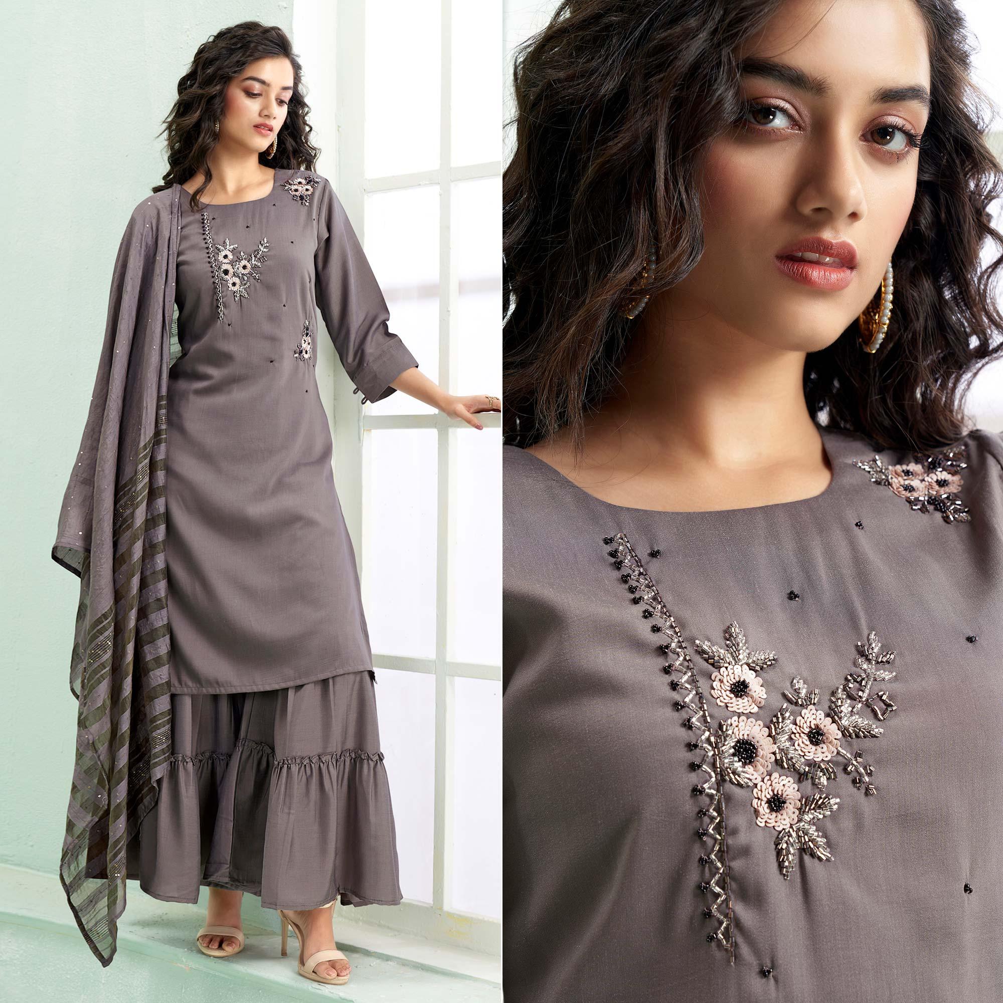 Peachmode Grey Partywear Embroidered Silk Palazzo Suit With Dupatta