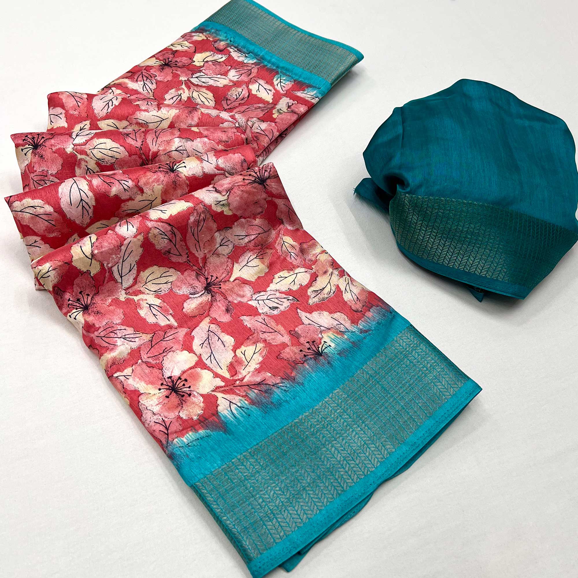 Peachmode Gajari Pink Floral Printed Dola Silk Saree With Woven Border