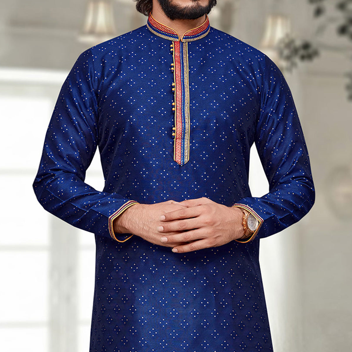 Peachmode Seller Blue Woven Jacquard Kurta Pyjama Set - view 3