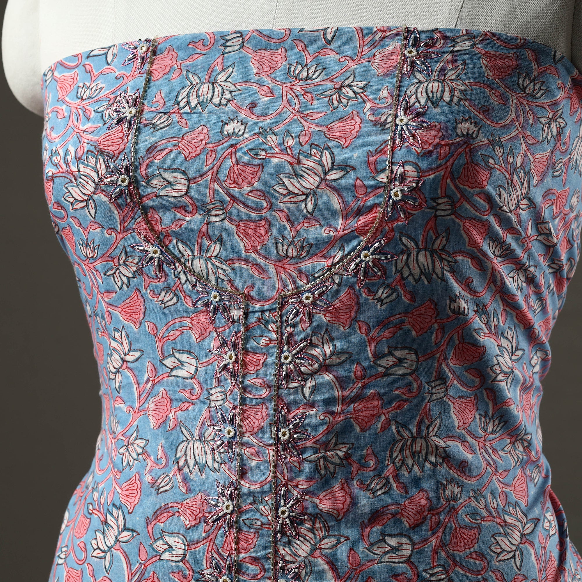 JUGNI Blue - Embroidered Sanganeri Block Print Cotton Kurta Material with Beads - 2.5 Meter - view 2
