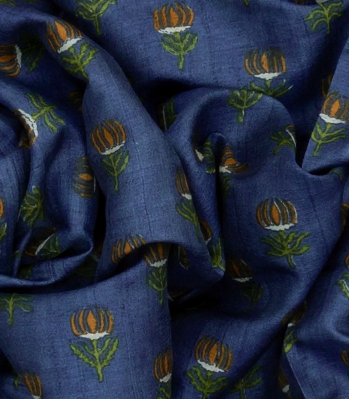 RmKV Blue Handloom Printed Tussar Silk Saree With Floral Motifs-Blue - view 3