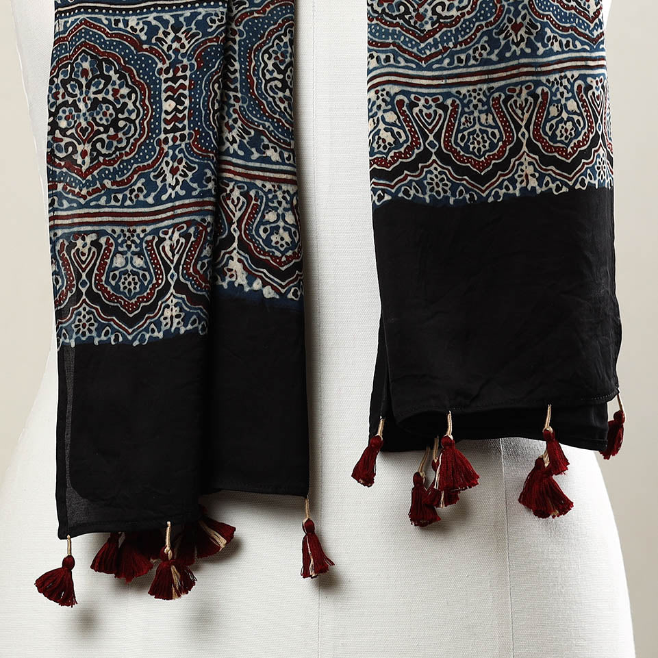 RIYAZ ABDULMAJID KHATRI - AJRAKH Blue - Ajrakh Block Printed Modal Silk Stole with Tassels - view 3