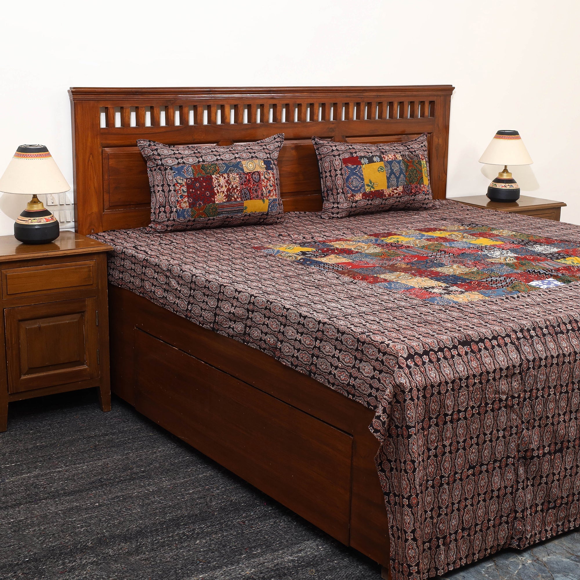 NOORI BAZAR Brown - Patchwork Block Print Ajrakh Cotton Double Bed Sheet Set 07