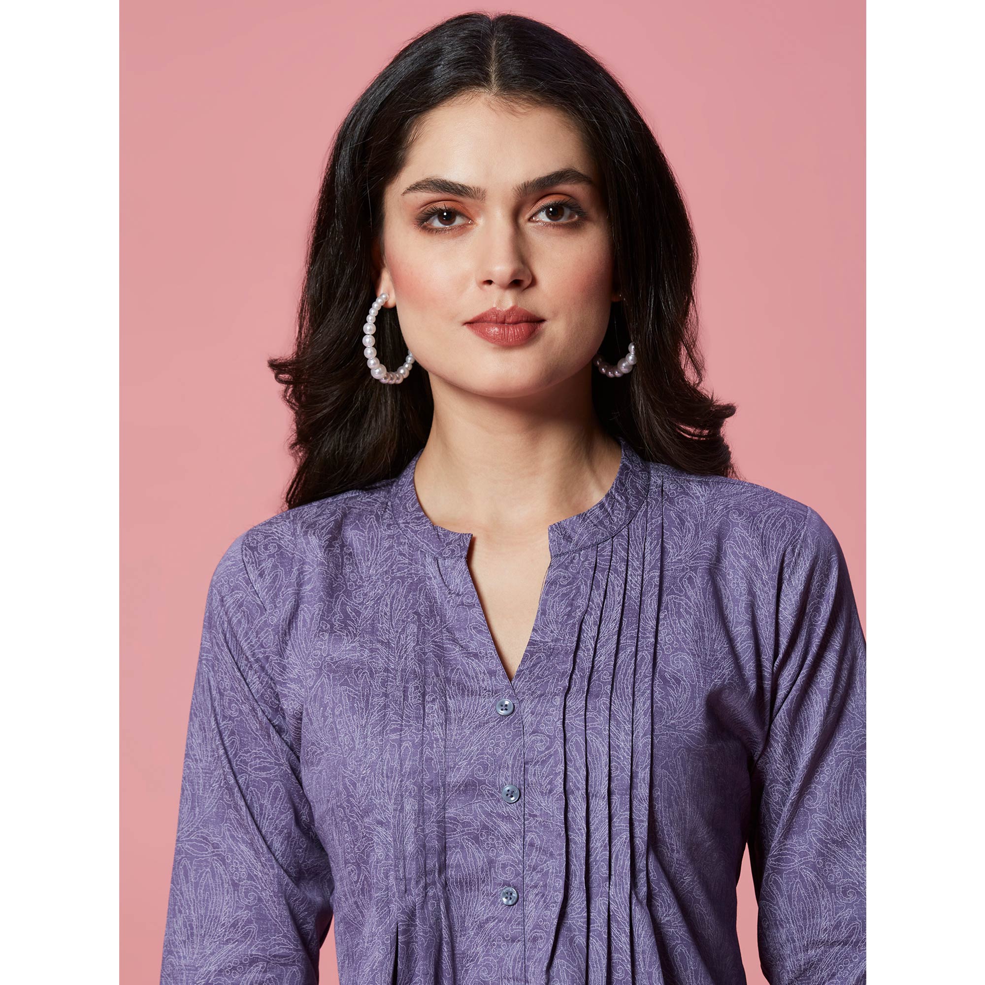 Peachmode Dark Purple Printed Pure Cotton A-Line Top - view 8