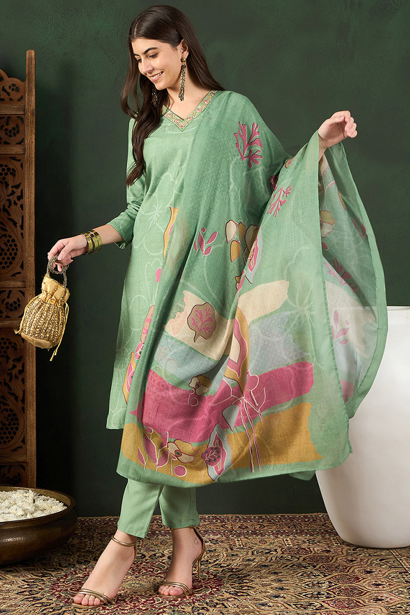 Ahika Green Rayon Blend Floral Printed Straight Trouser Bottom Suit Set PKSKD2540GRN - view 2