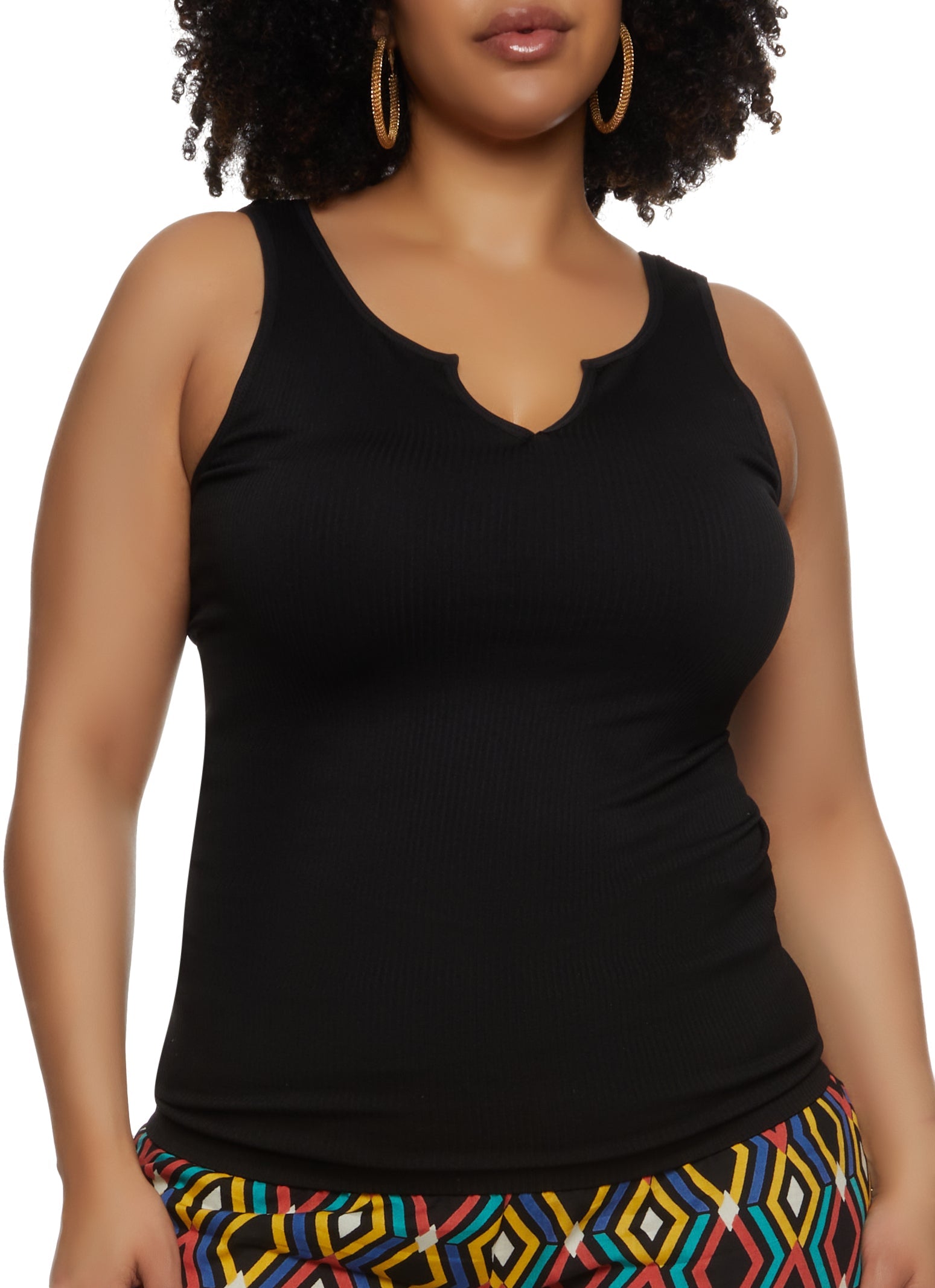 Rainbow Shops Plus Size Ribbed Notch Neck Tank Top
