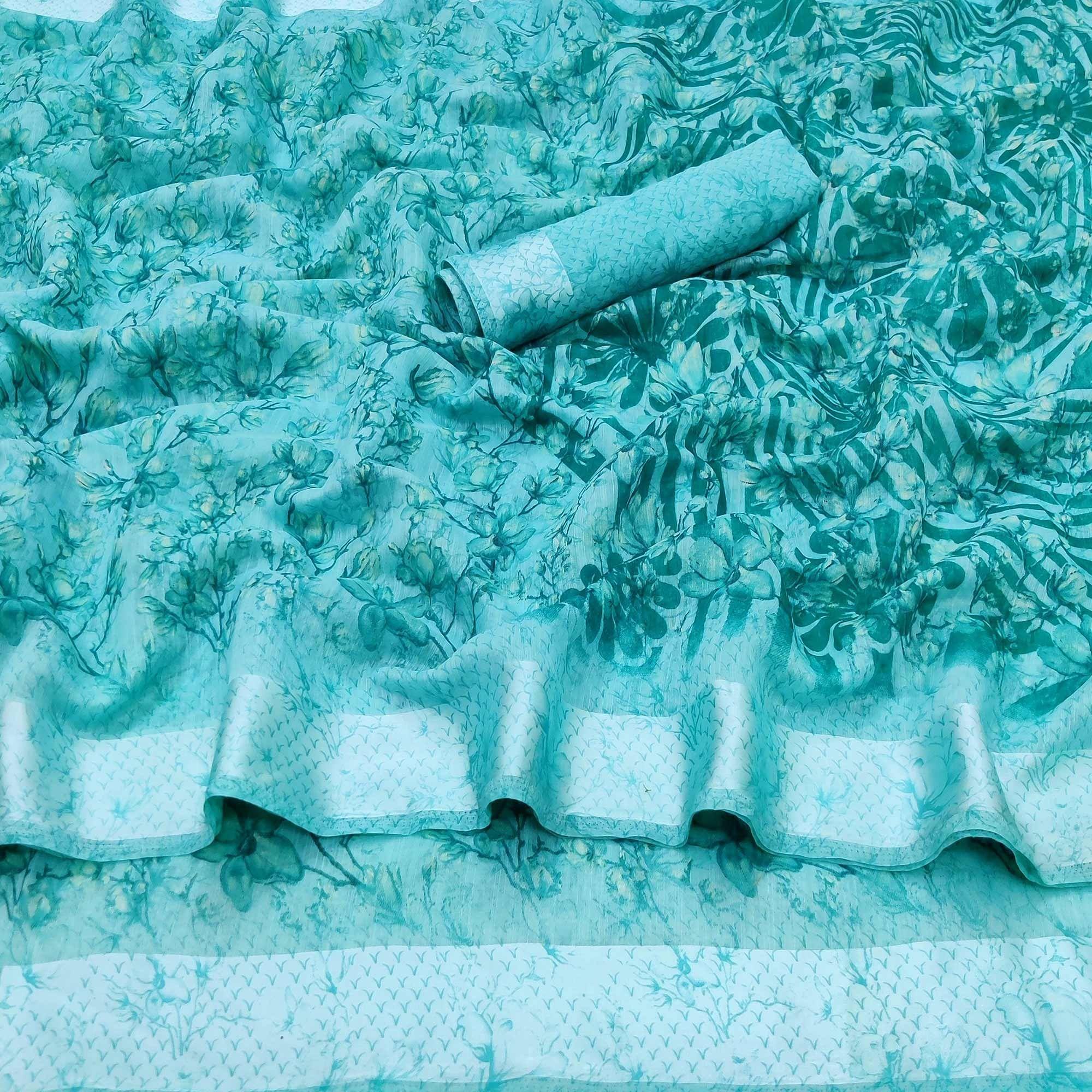 Peachmode Light Blue Casual Wear Printed Linen Cotton Saree - view 2
