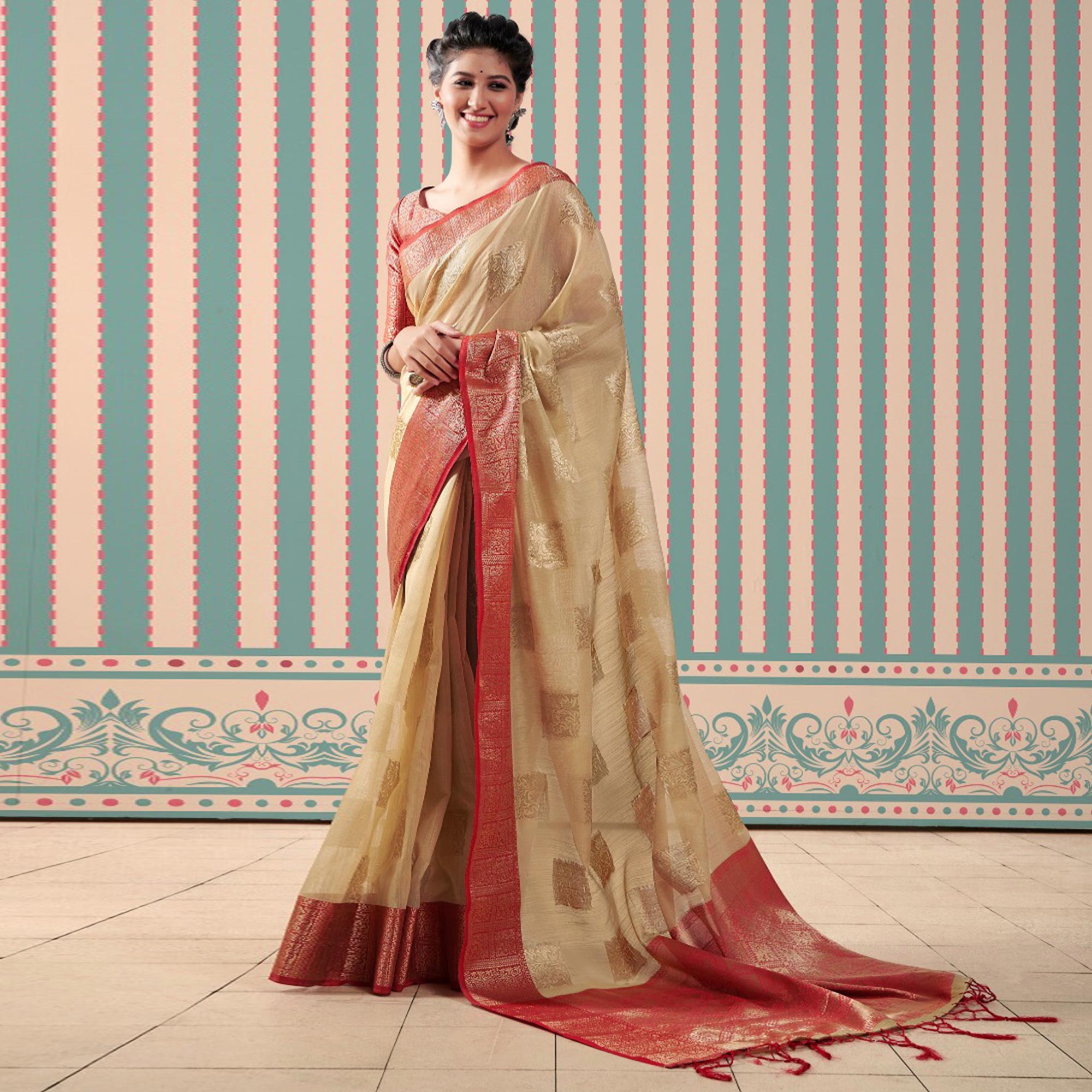 Peachmode Chikoo Woven Linen Saree With Tassels