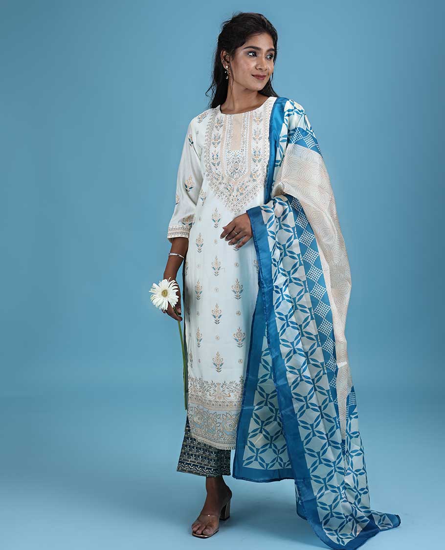 TheShoppothys Cream silk cotton readymade suit,printed & glitterwork 3/4th sleeve top,intricately printed dupatta & straight cut pants - view 2