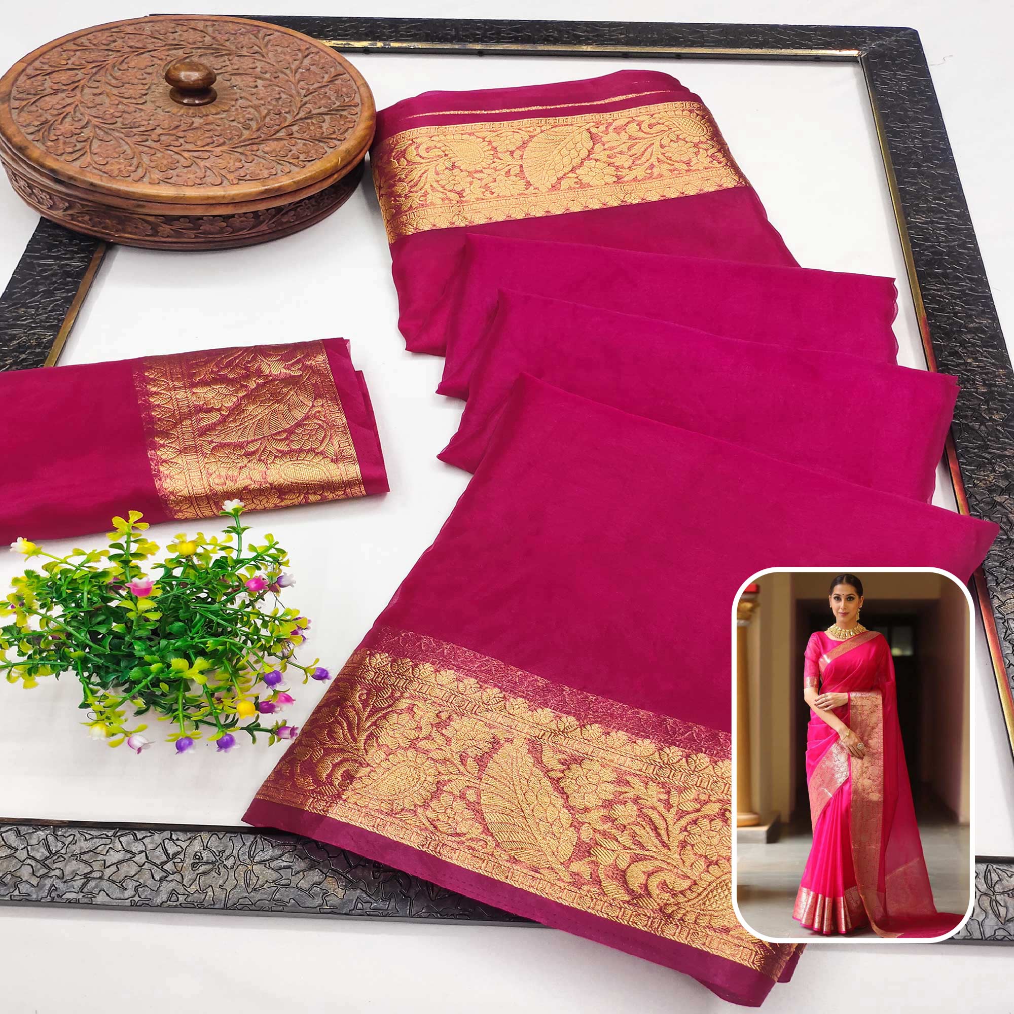 Peachmode Magenta Solid Organza Saree With Zari Border
