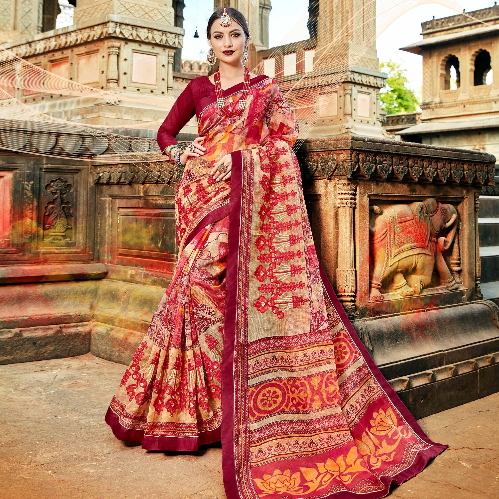 Peachmode Lovely Red Colored Casual Printed Netted Saree