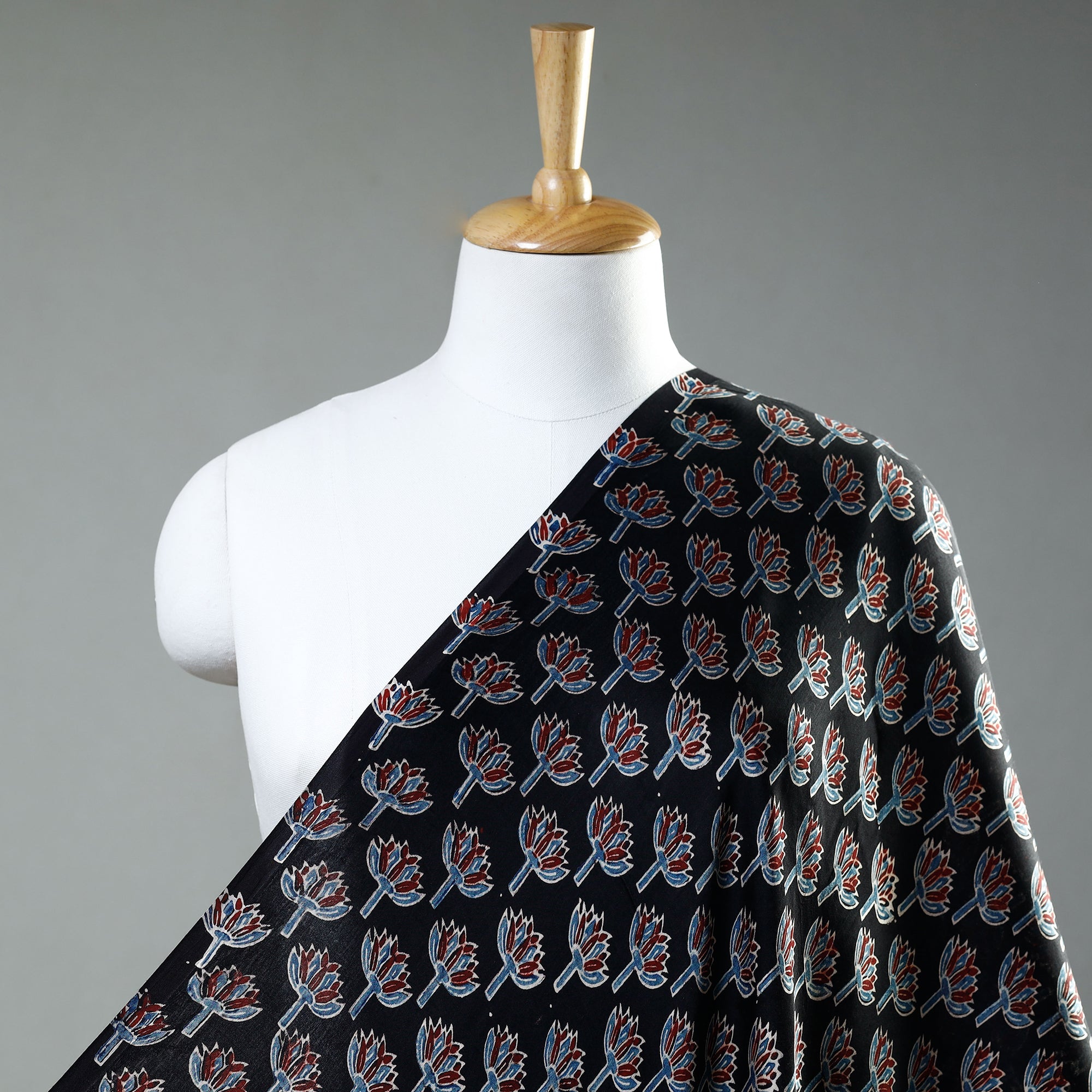 RIYAZ ABDULMAJID KHATRI - AJRAKH Black - Ajrakh Hand Block Printed Modal Silk Precut Fabric (1.5 meter)
