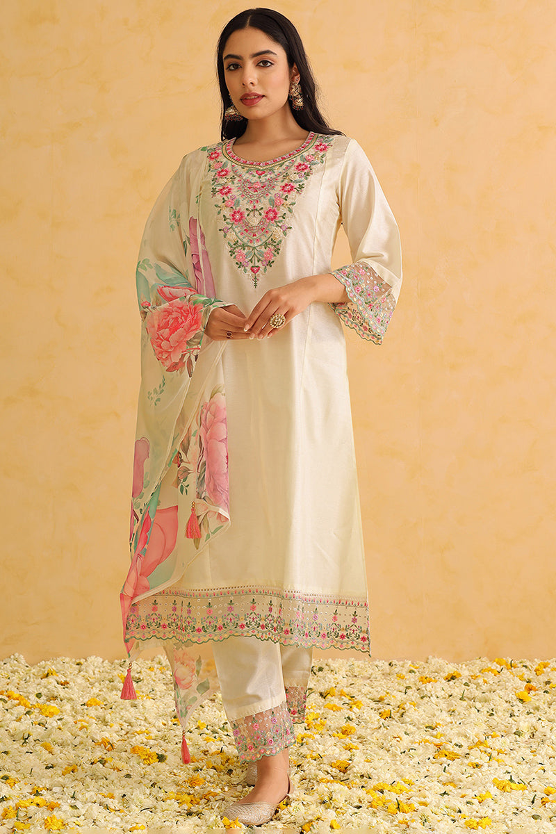 Ahika Off White Silk Blend Solid Embroidered Straight Trouser Bottom Suit Set PKSKD2476