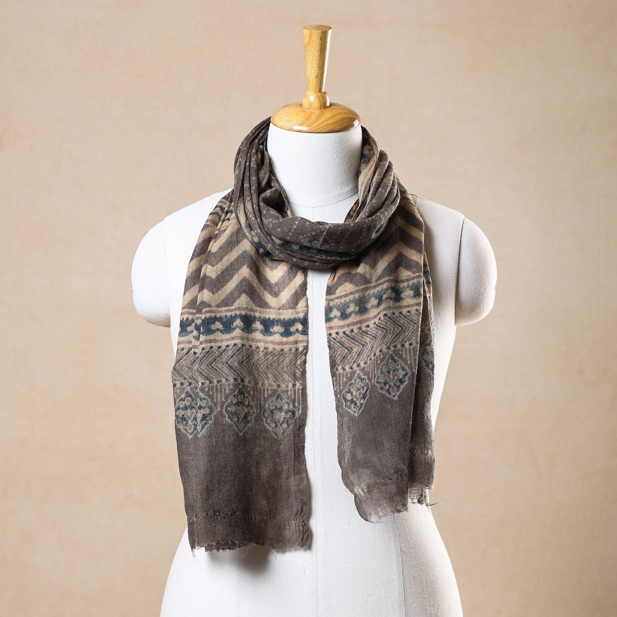 AJRAKH BY JABBAR KHATRI Brown - Ajrakh Hand Block Printed Pure Woolen Stole