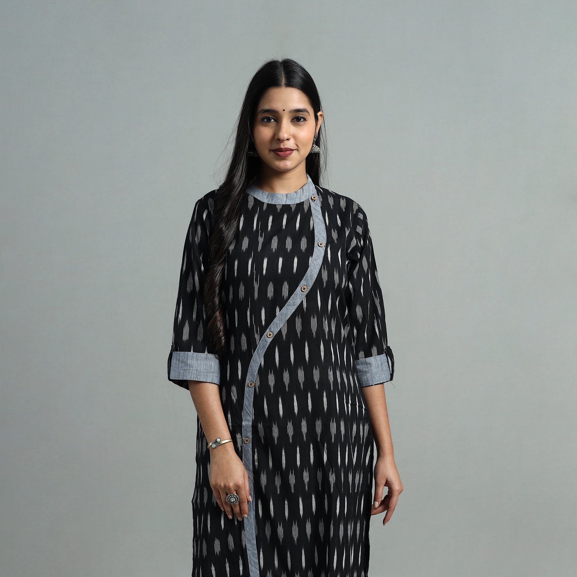 DARAM Black - Angrakha Cotton Straight Pochampally Ikat Kurta 09
