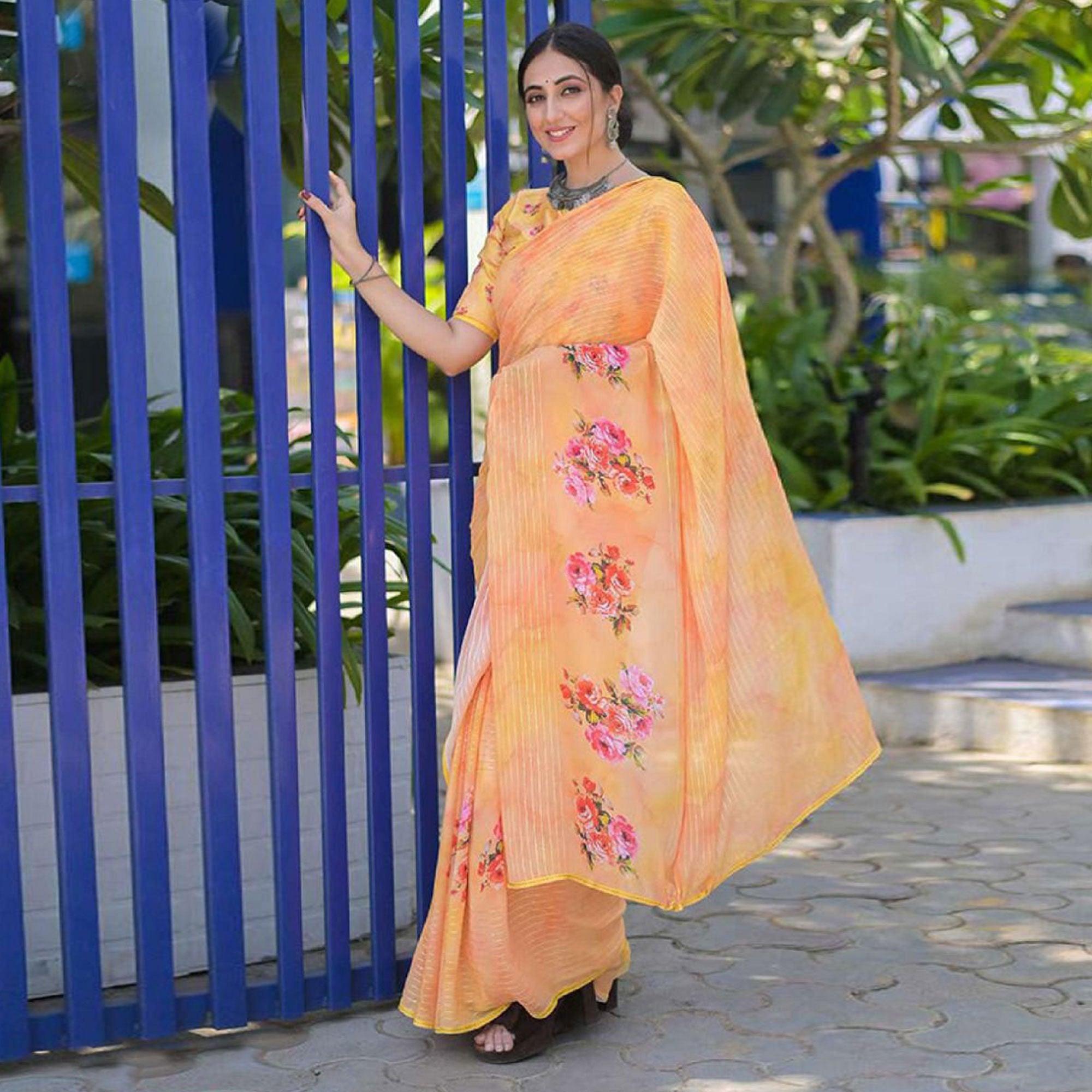 Peachmode Light Orange Party Wear Digital Printed Georgette Saree