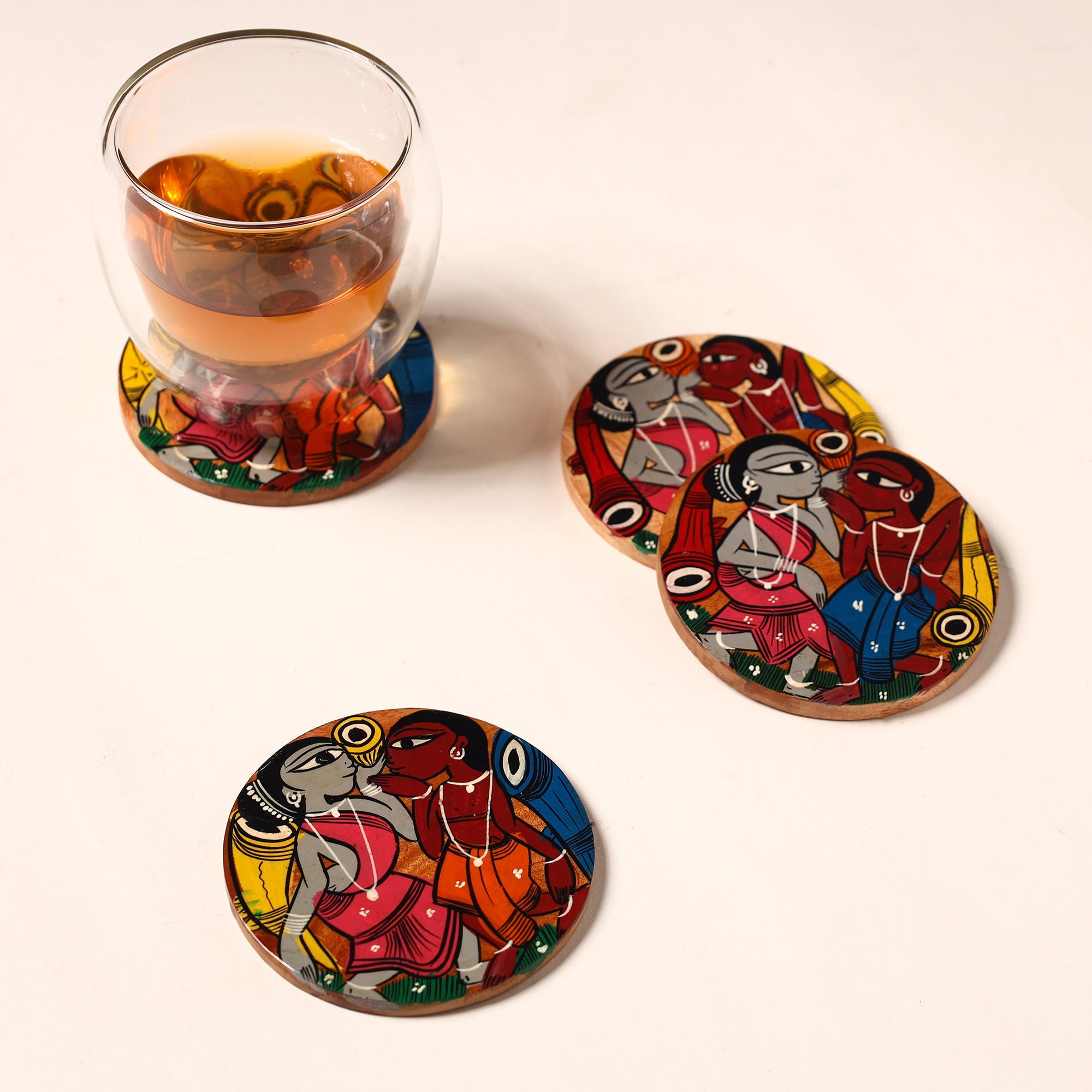 ITOKRI CRAFTS INITIATIVE Bengal Patua Handpainted Akashmoni Wooden Coasters (Set of 4) 24