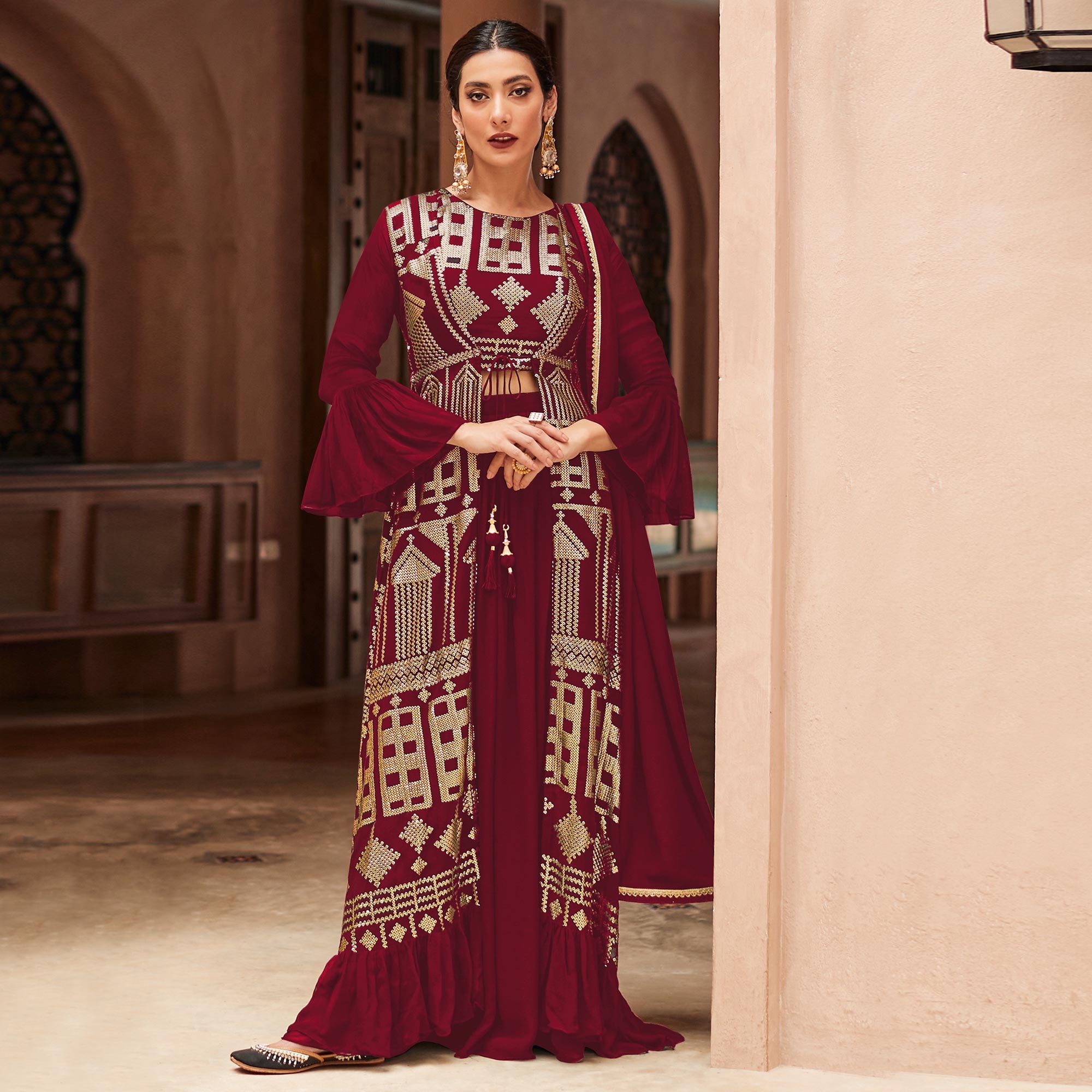 Peachmode Seller Maroon Sequins Embroidered Georgette Sharara Choli With Jacket - view 2