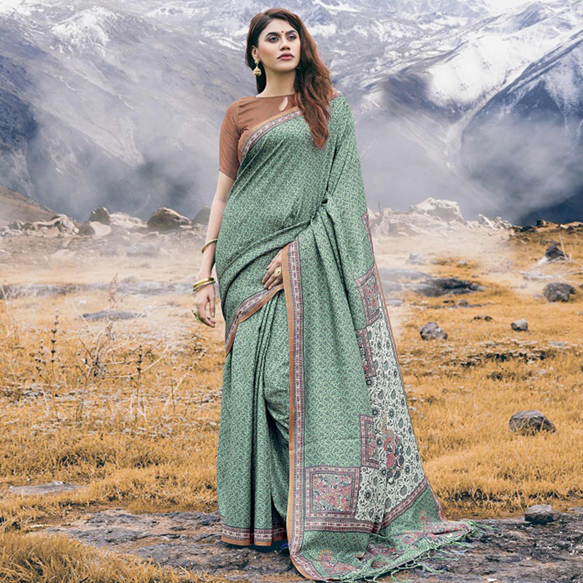 Peachmode Ideal Green Colored Festive Wear Printed Art Silk Saree